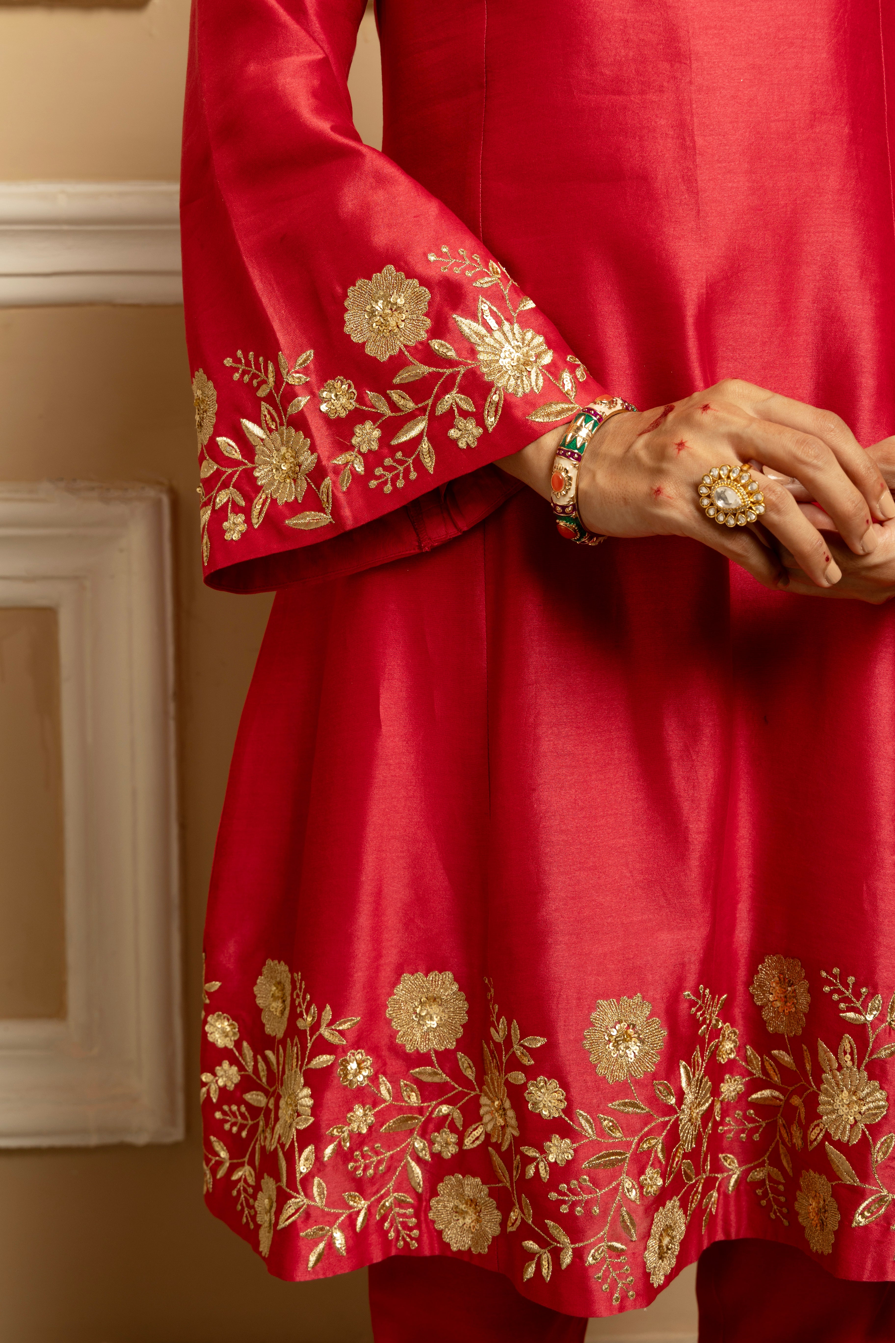 EKAYA RED SILK CHANDERI KURTA SET WITH VELVET SHAWL