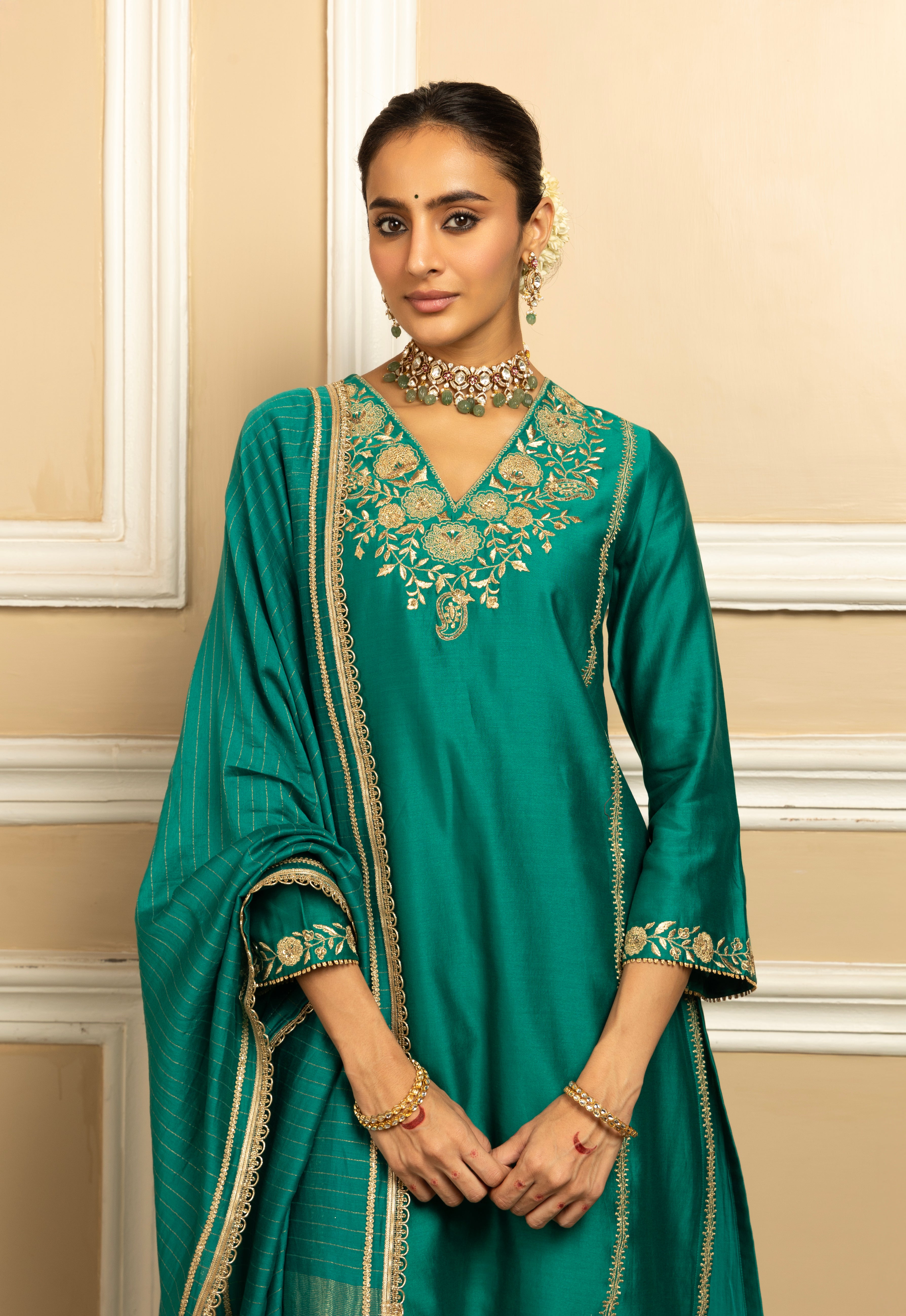 SANYA GREEN SILK CHANDERI KURTA SET