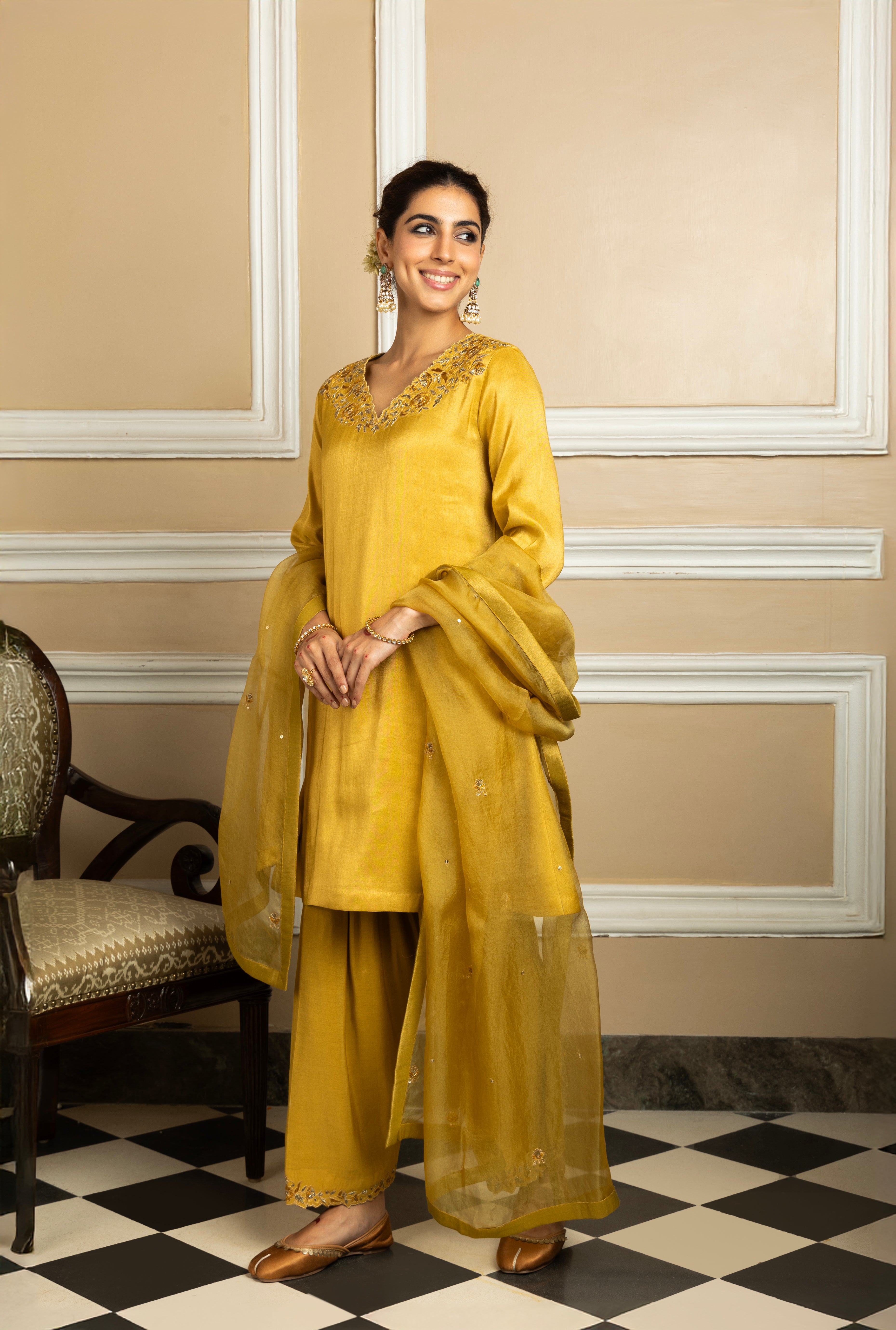 SAANVI MUSTARD TISSUE KURTA SET