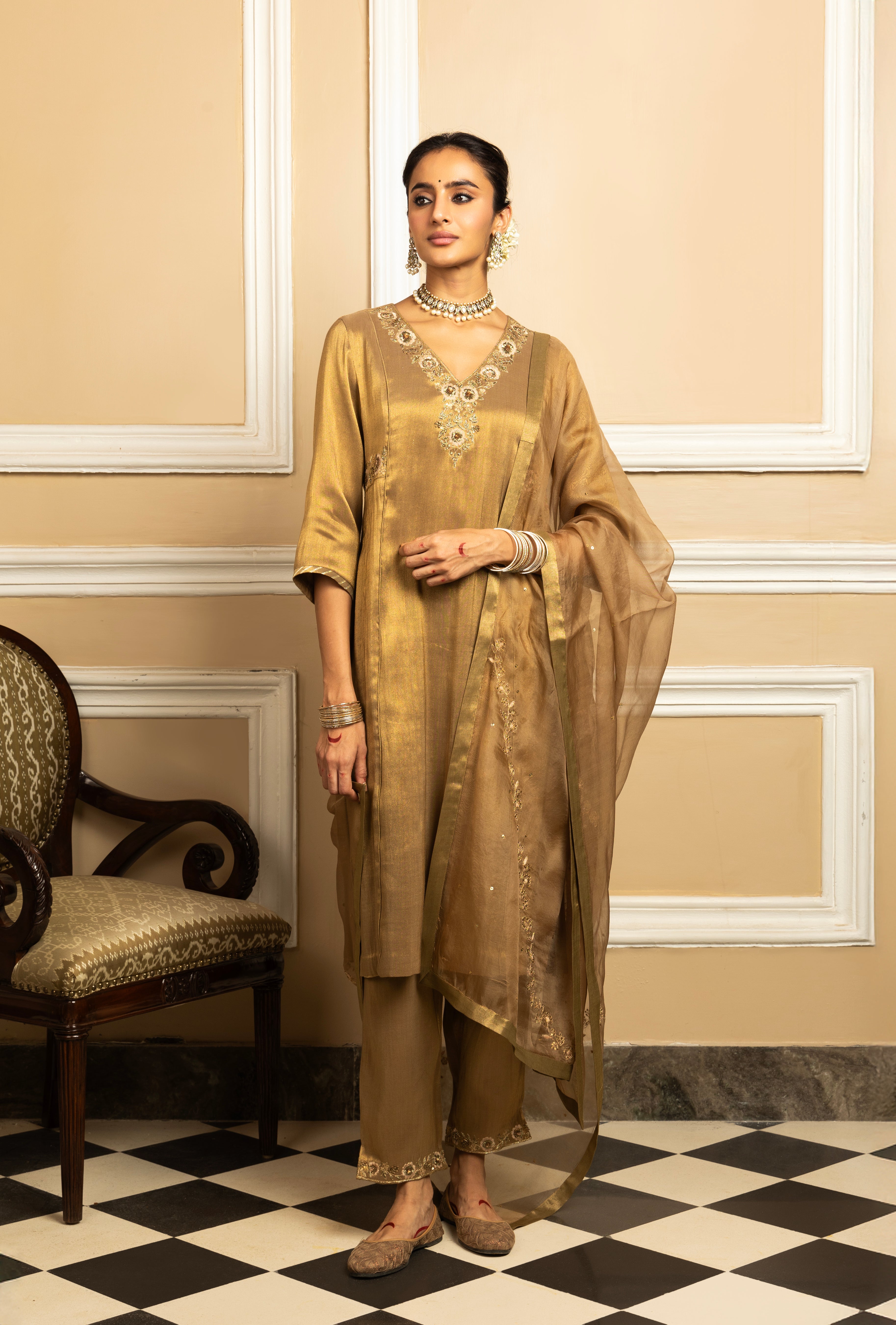 SUHANI GOLD TISSUE KURTA SET