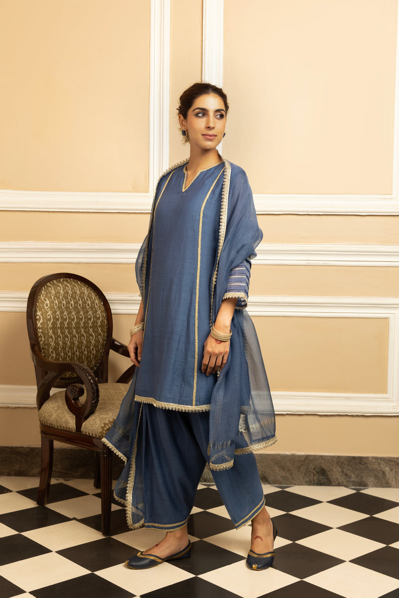 RUMI BLUE COTTON SILK CHANDERI KURTA SET