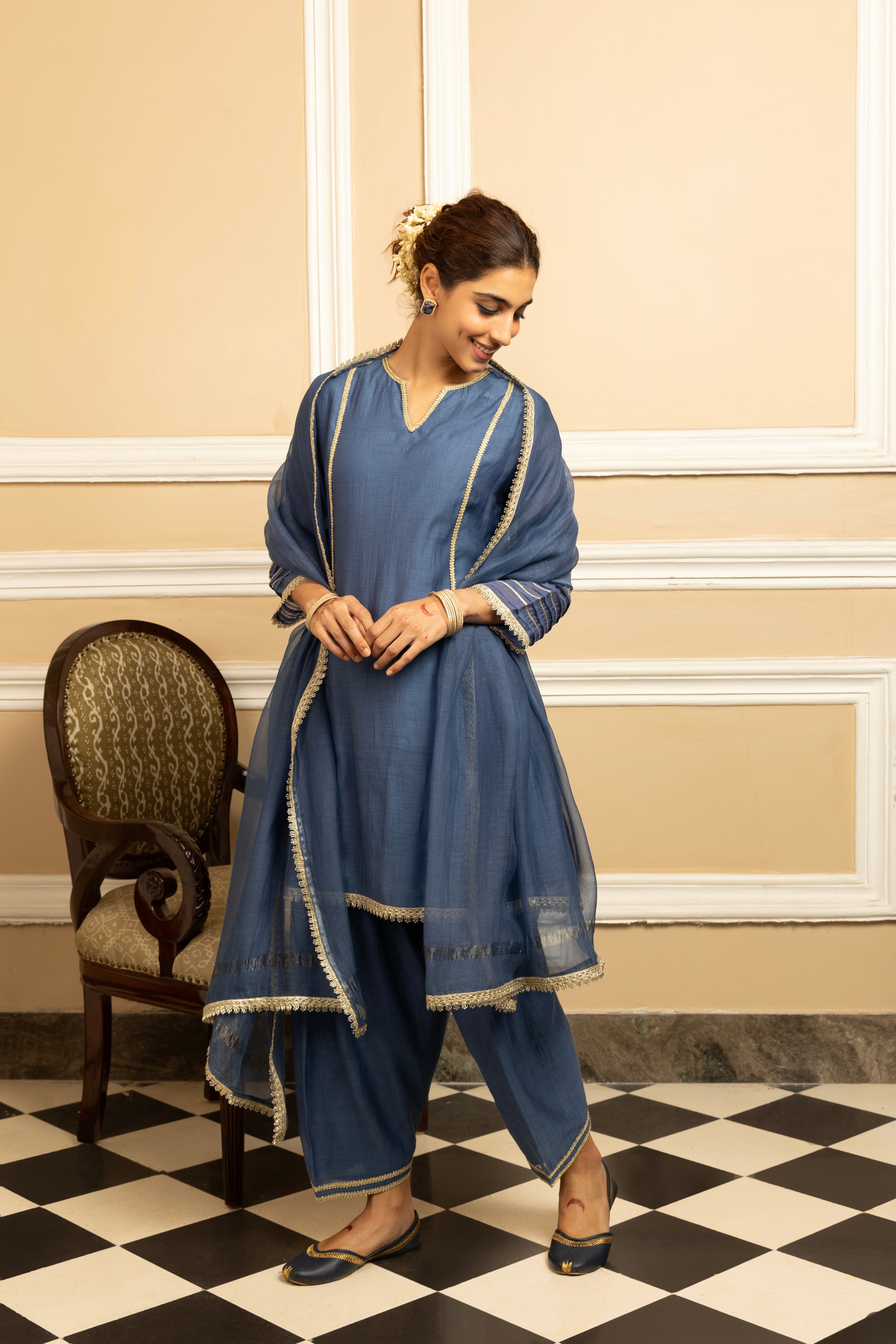 RUMI BLUE COTTON SILK CHANDERI KURTA SET