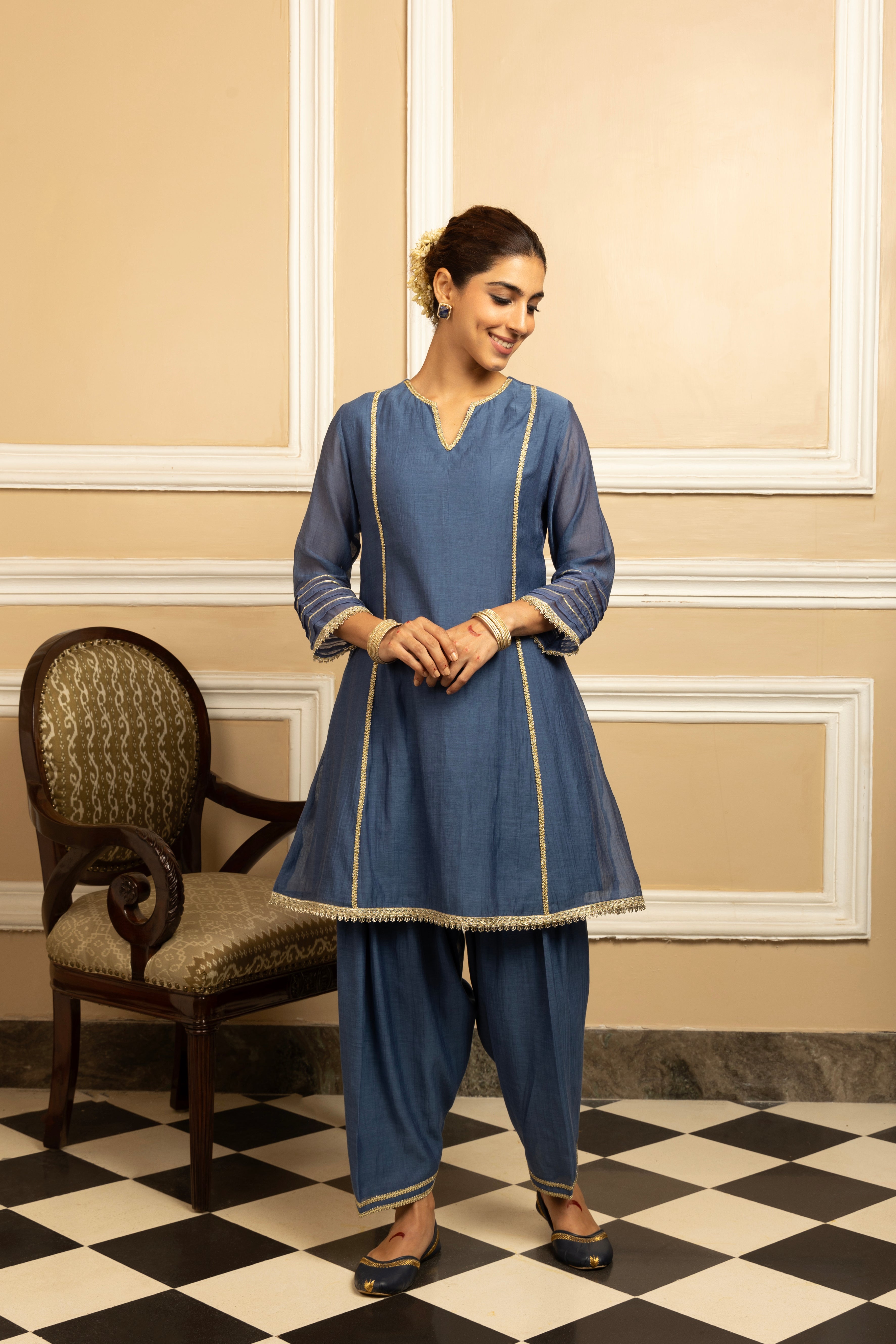 RUMI BLUE COTTON SILK CHANDERI KURTA SET