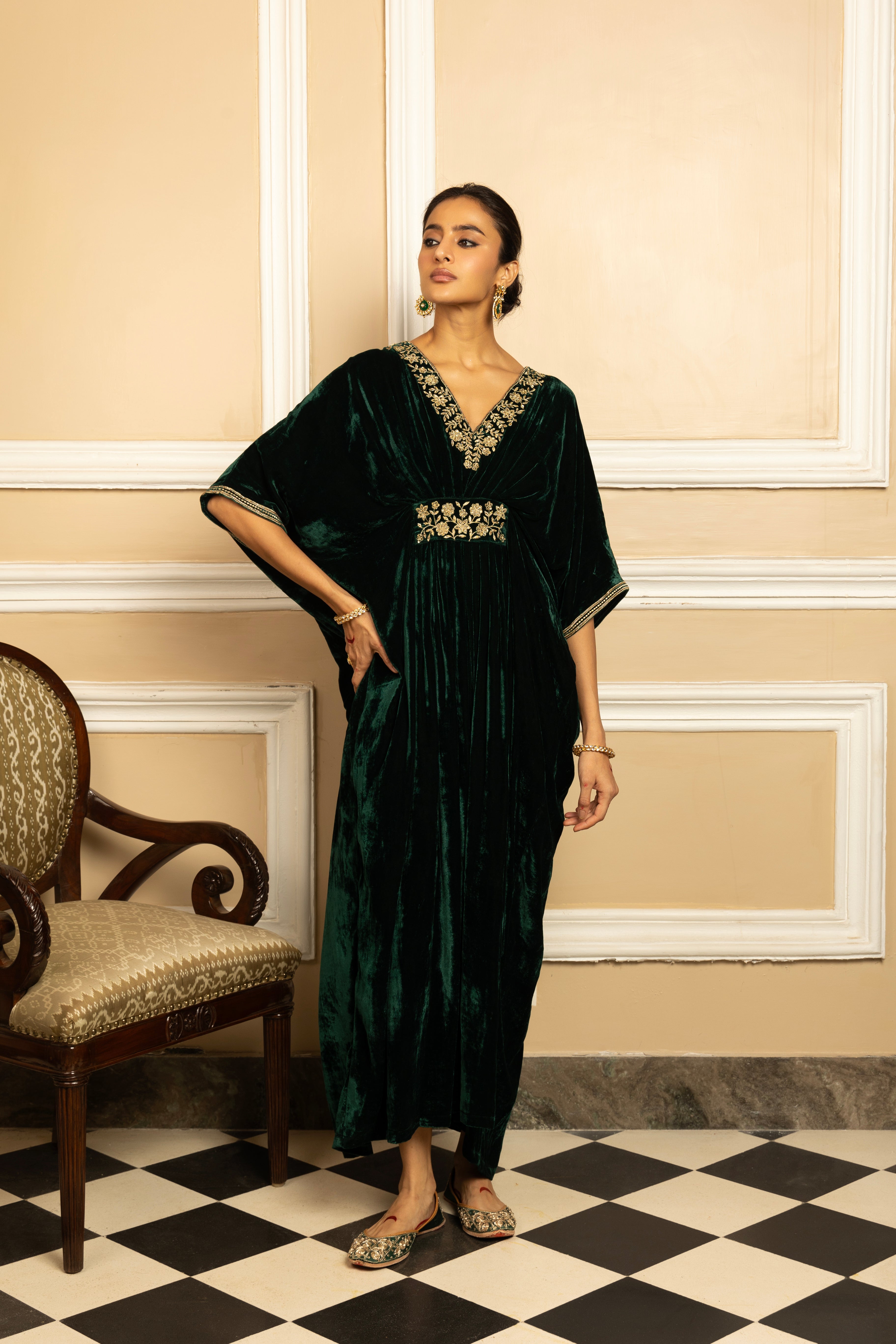 GULZAR GREEN SILK VELVET KAFTAN