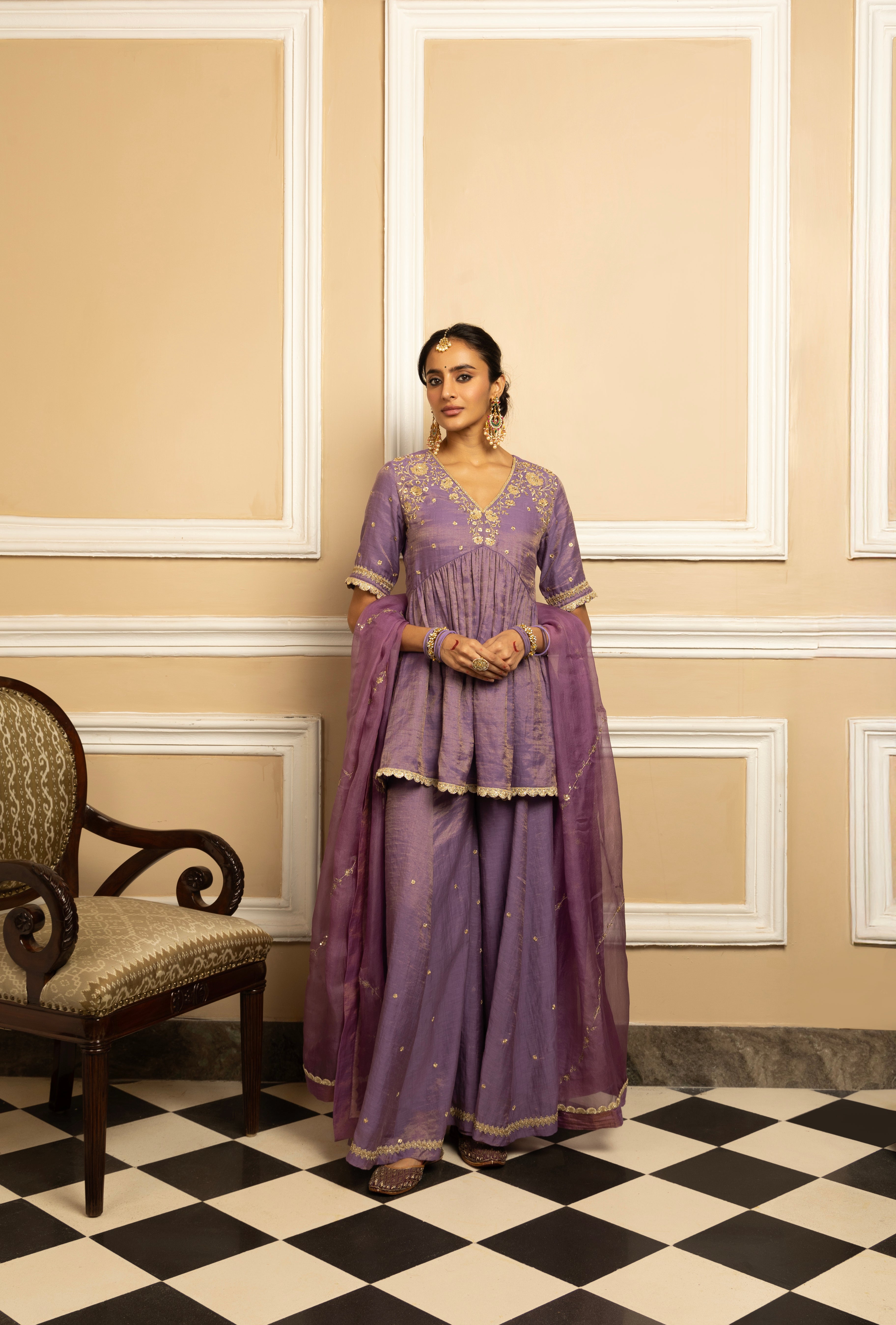 MEHER PURPLE TISSUE CHANDERI SHARARA SET