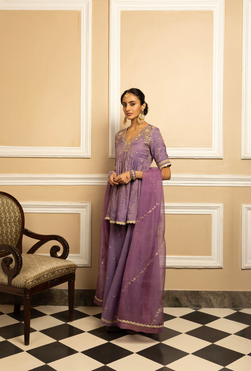 MEHER PURPLE TISSUE CHANDERI SHARARA SET