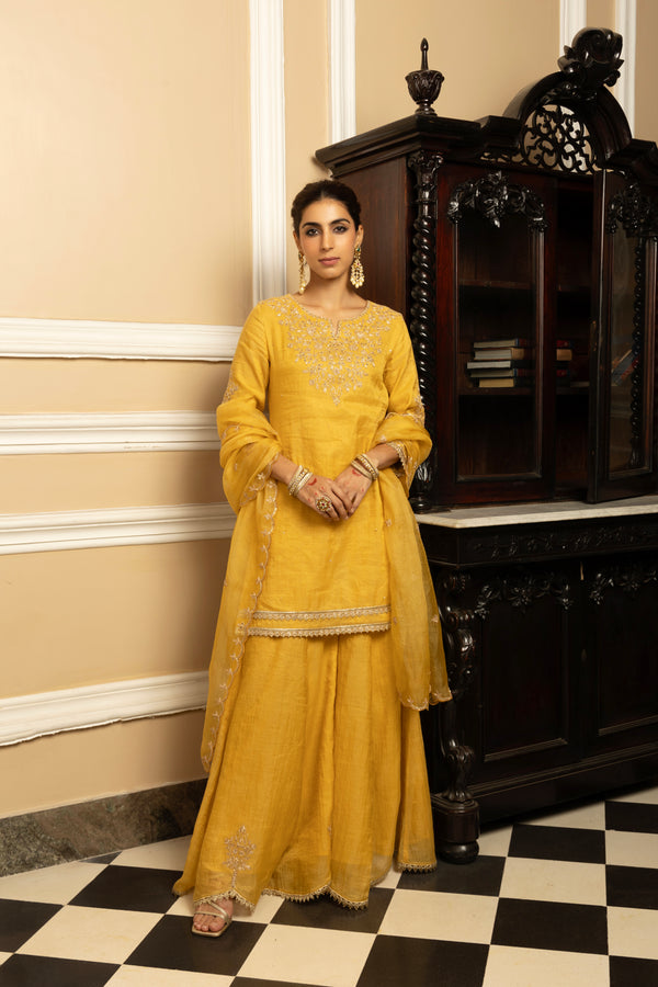 NOOR YELLOW TISSUE CHANDERI SHARARA SET