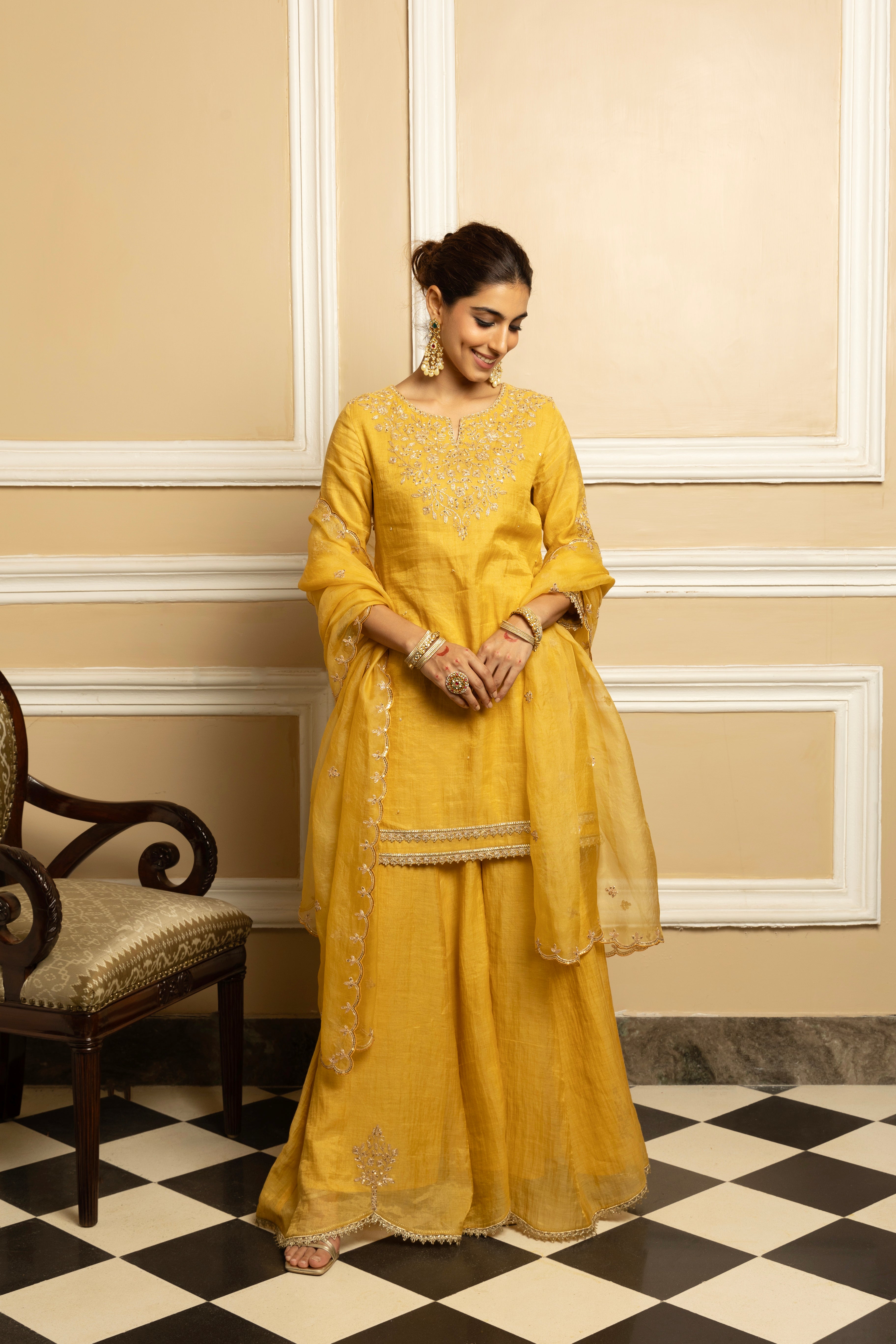 NOOR YELLOW TISSUE CHANDERI SHARARA SET