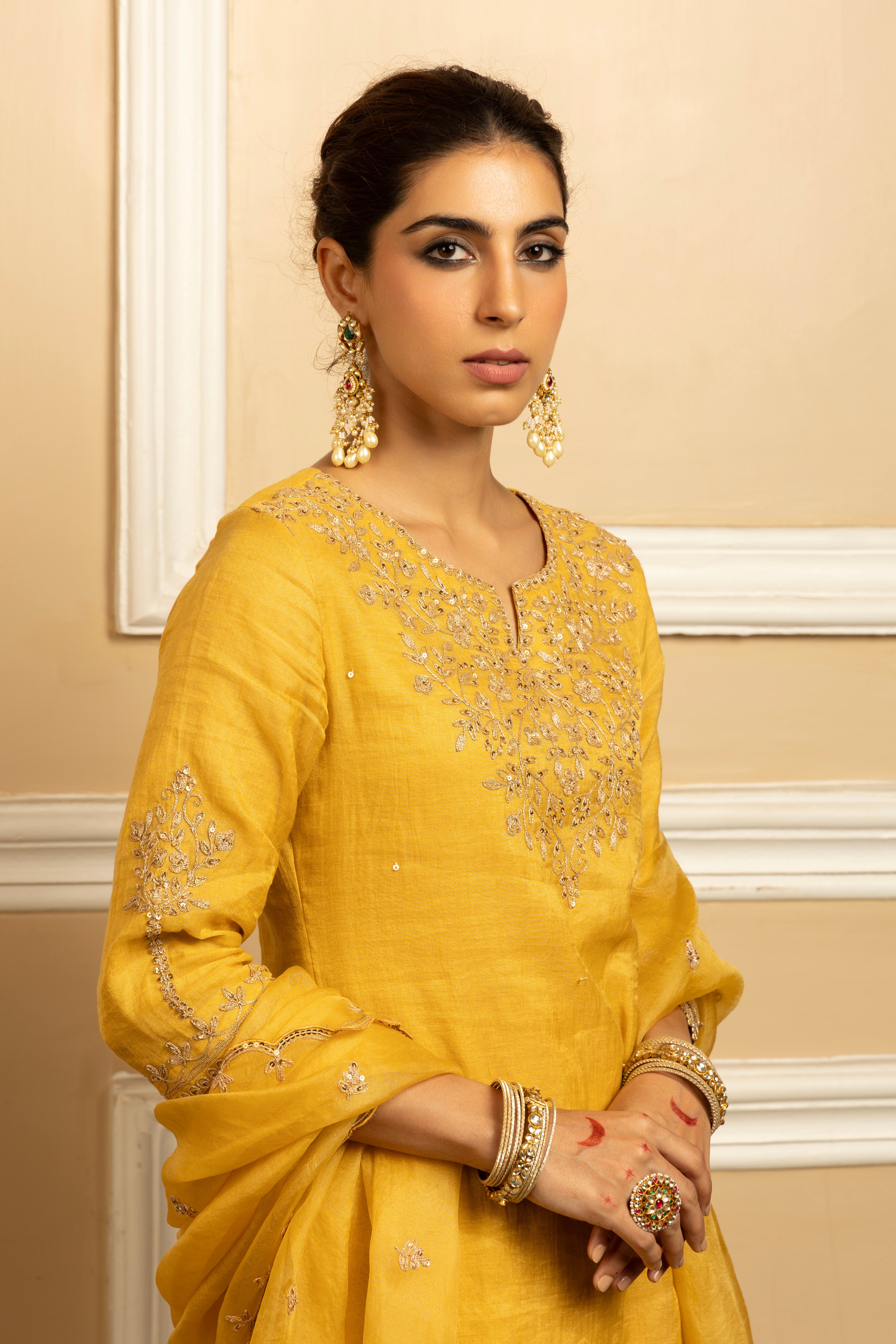 NOOR YELLOW TISSUE CHANDERI SHARARA SET