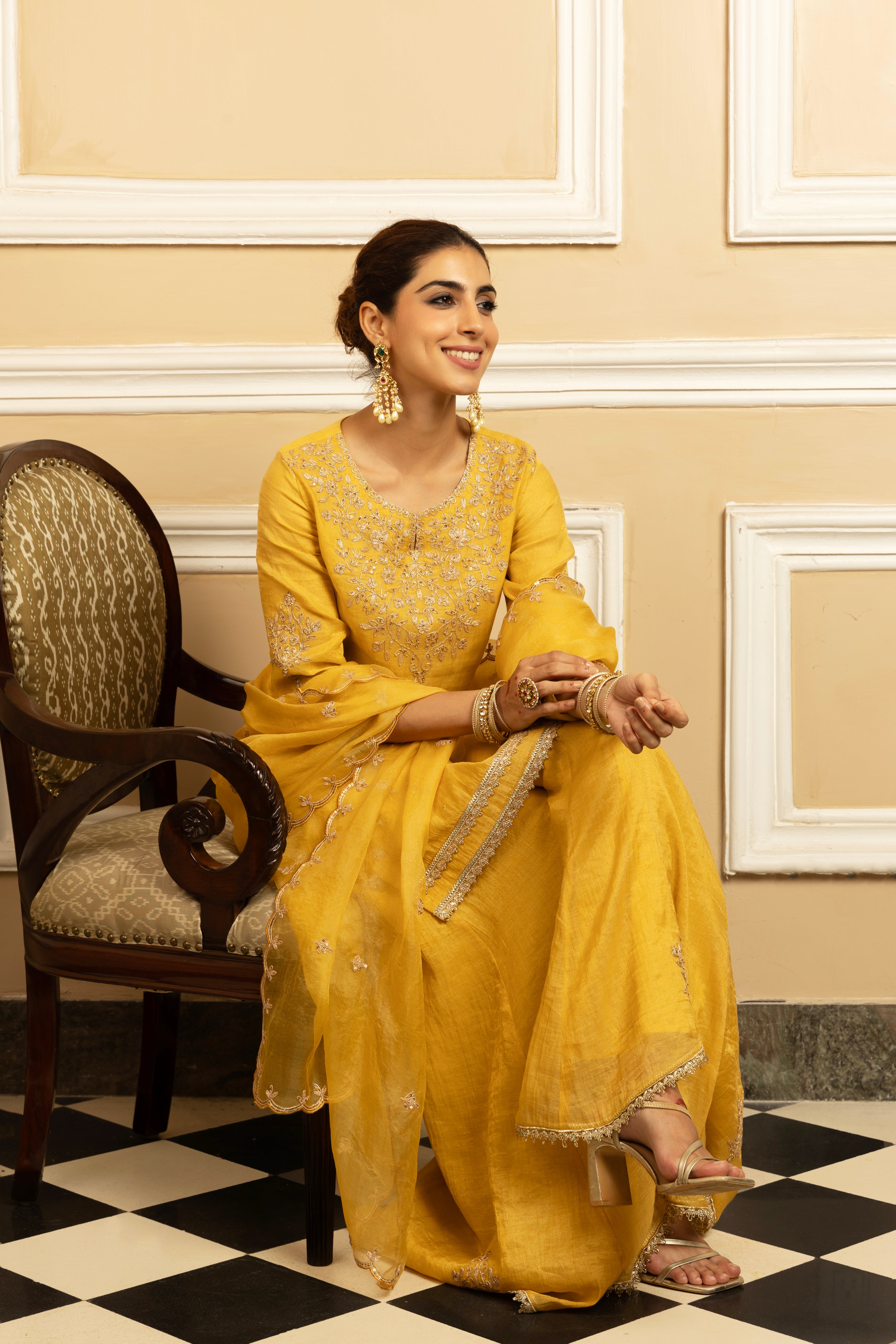 NOOR YELLOW TISSUE CHANDERI SHARARA SET