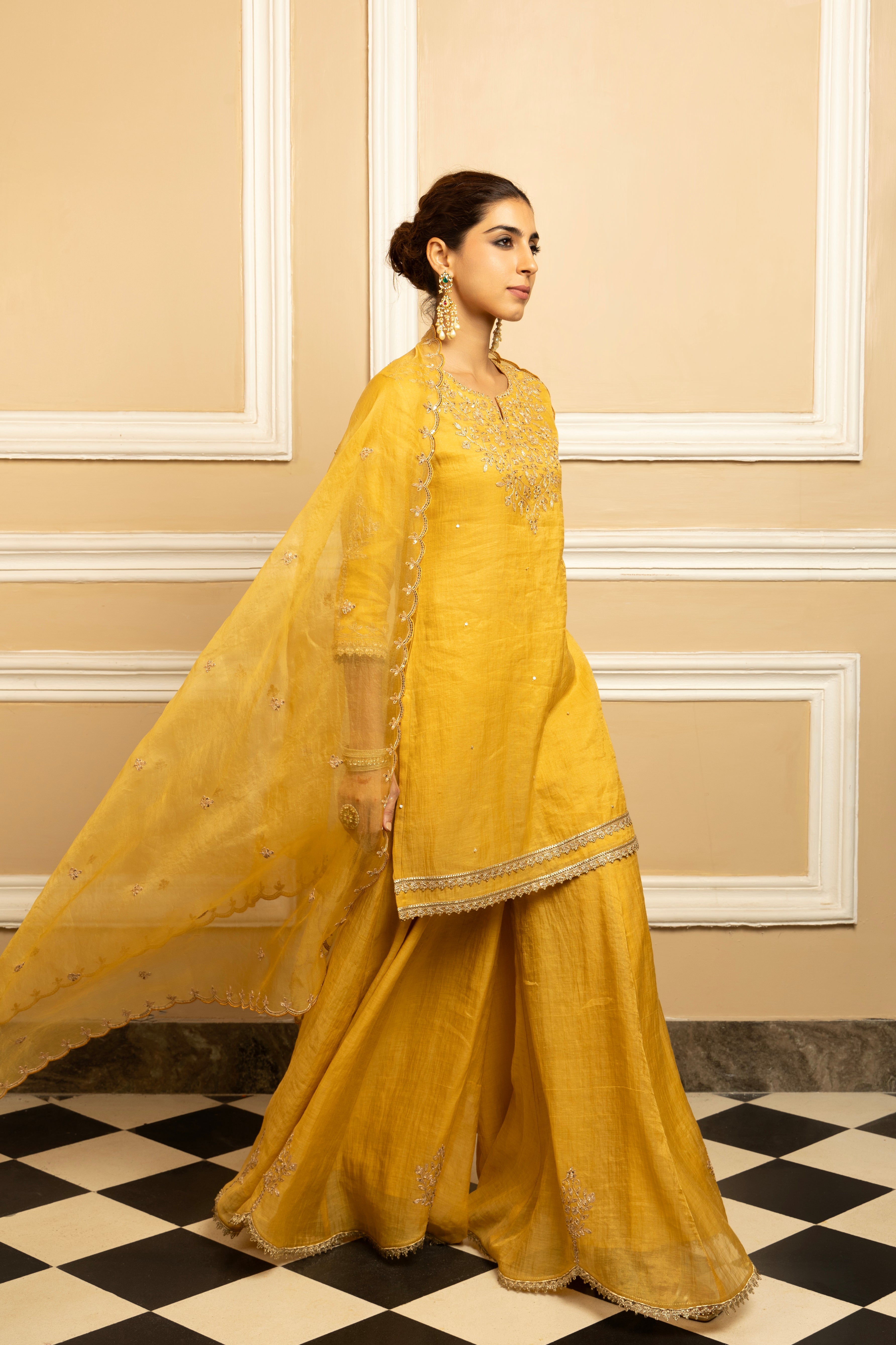 NOOR YELLOW TISSUE CHANDERI SHARARA SET