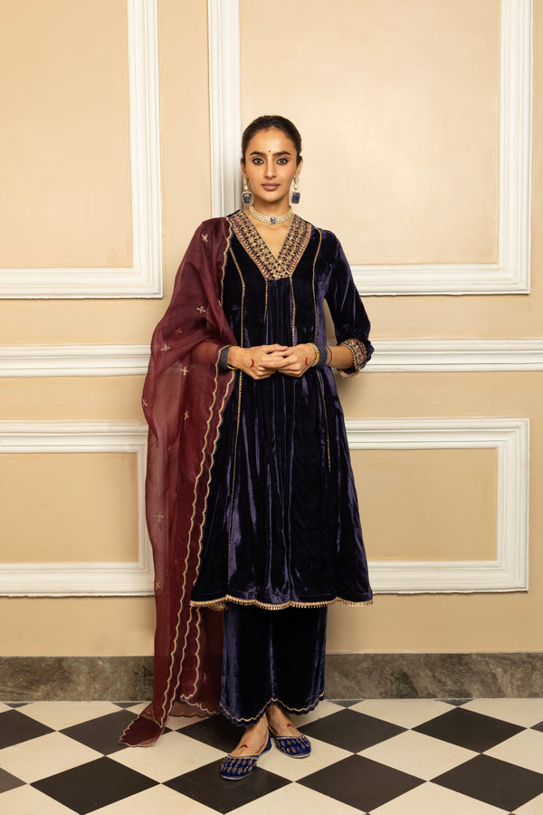 ANOKHI BLUE SILK VELVET KURTA SET