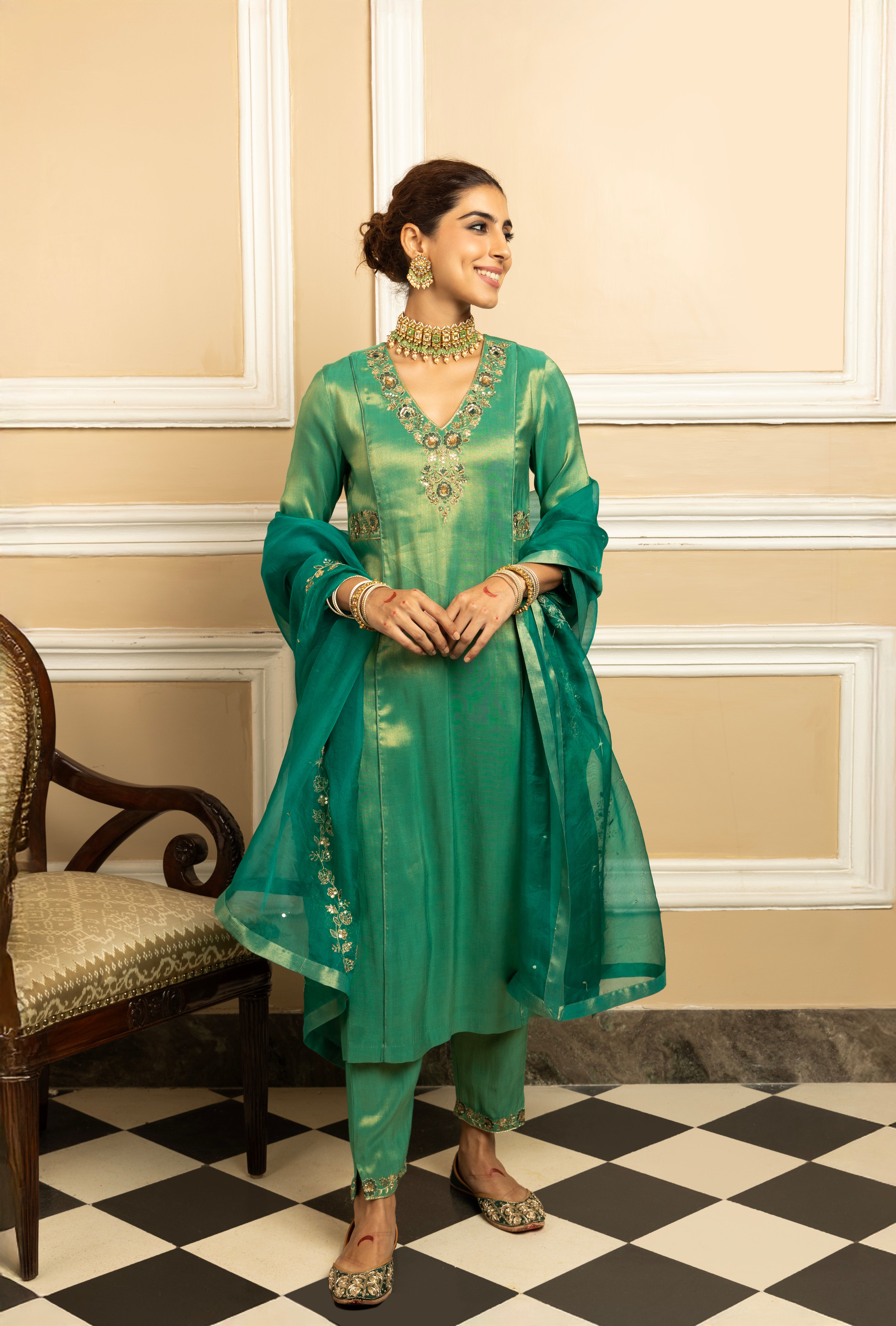 SUHANI GREEN TISSUE KURTA SET