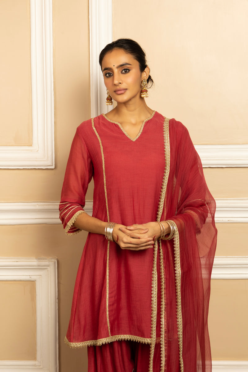 RUMI CRANBERRY RED COTTON SILK CHANDERI KURTA SET