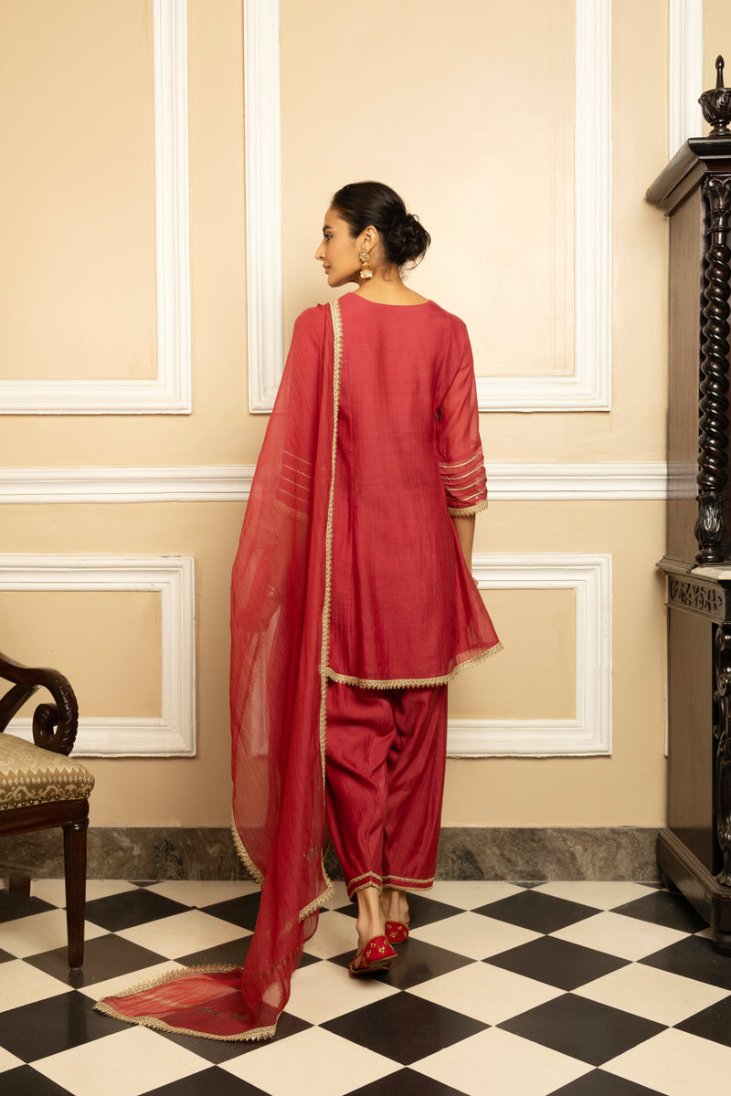 RUMI CRANBERRY RED COTTON SILK CHANDERI KURTA SET