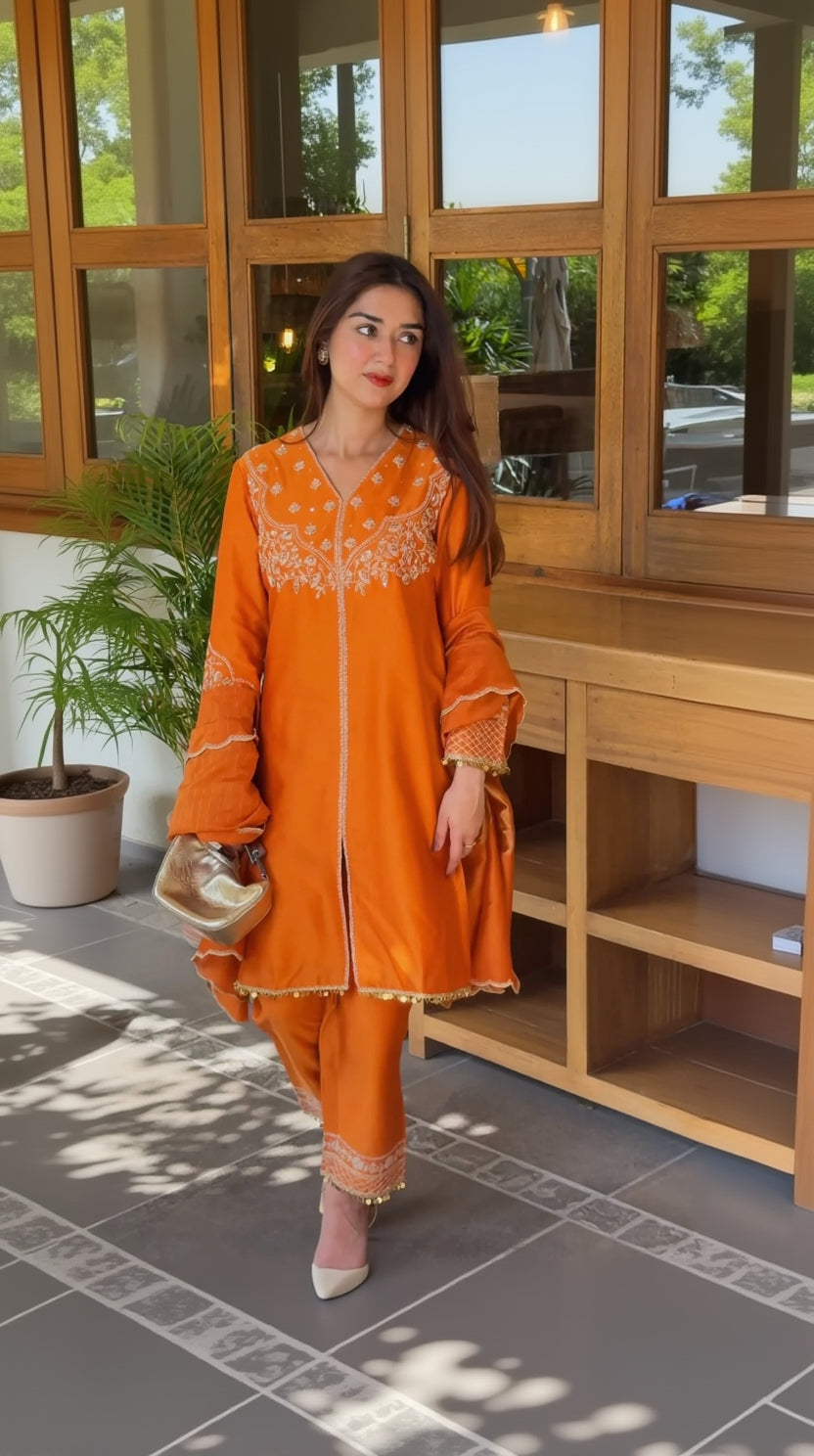 Simran Narang in Falak Silk Chanderi Embroidered Orange Straight Kurta Set
