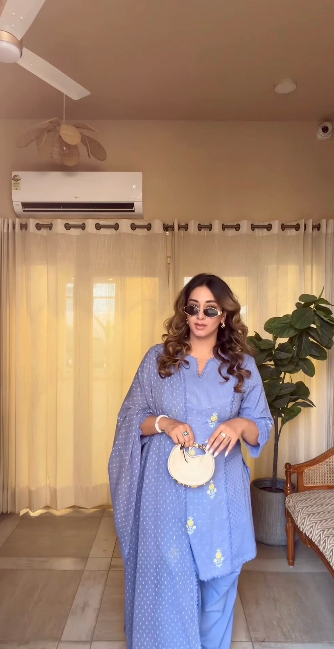 Shiana Kothari in Laila Blue Cotton Slub Jacquard Handcrafted Short Kurta Set with Aari embroidery and Farshi Salwar