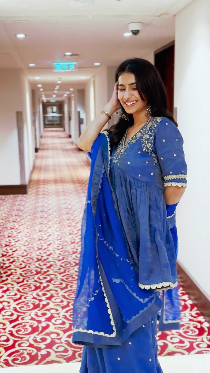 NAYAB MIDHA IN MEHER BLUE TISSUE CHANDERI HANDCRAFTED SHARARA SET