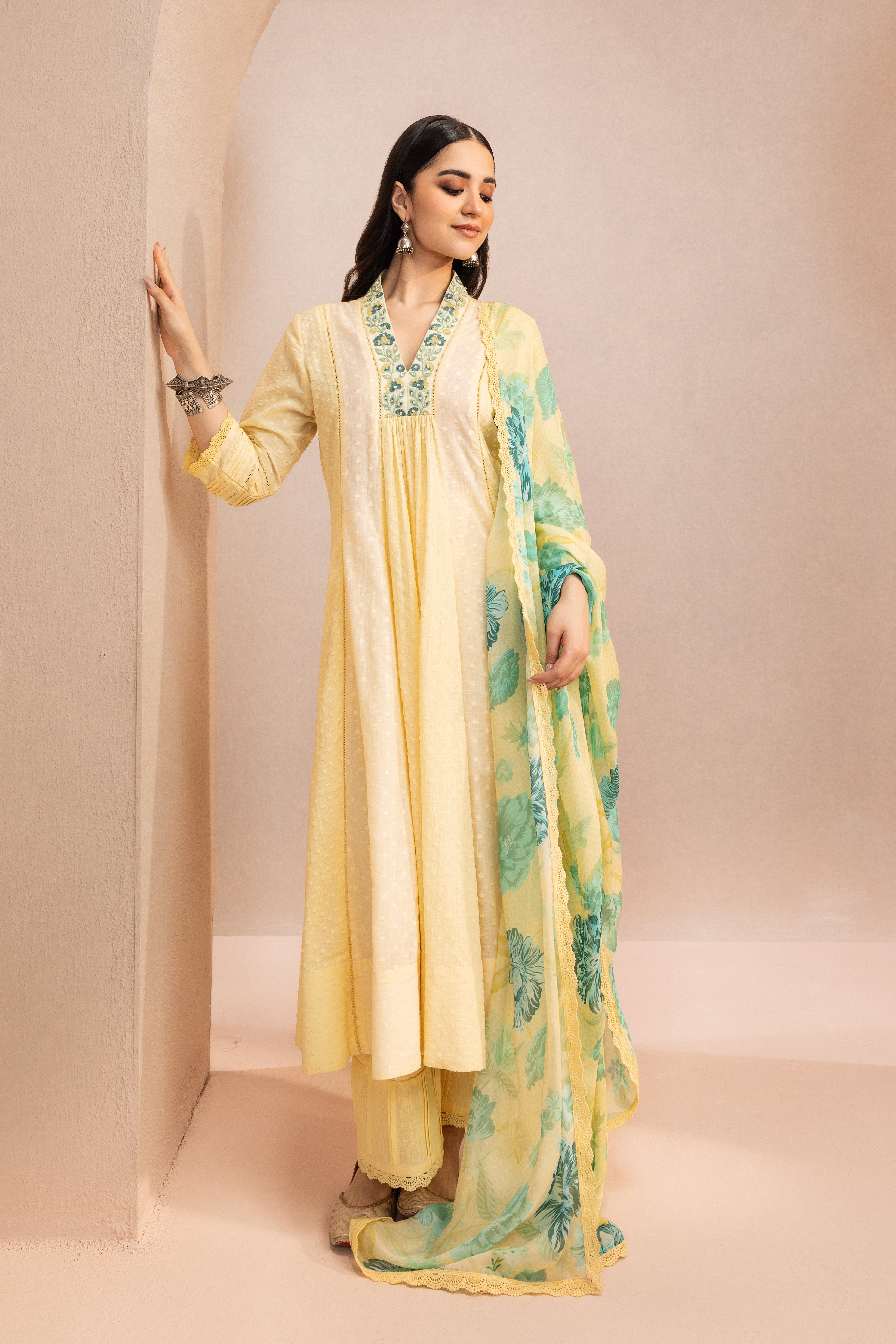 SUMANA YELLOW COTTON SLUB JACQUARD KURTA SET