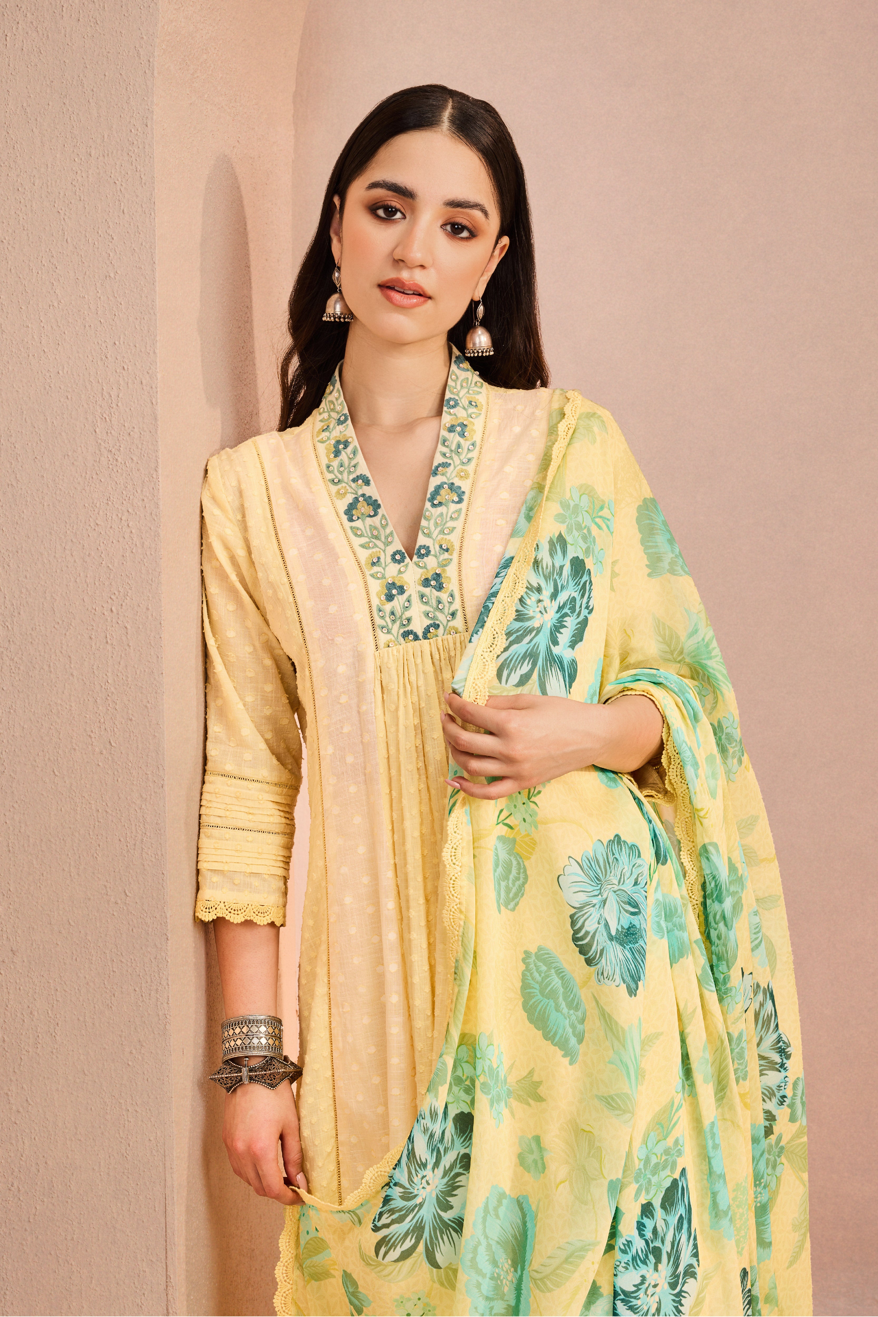 SUMANA YELLOW COTTON SLUB JACQUARD KURTA SET