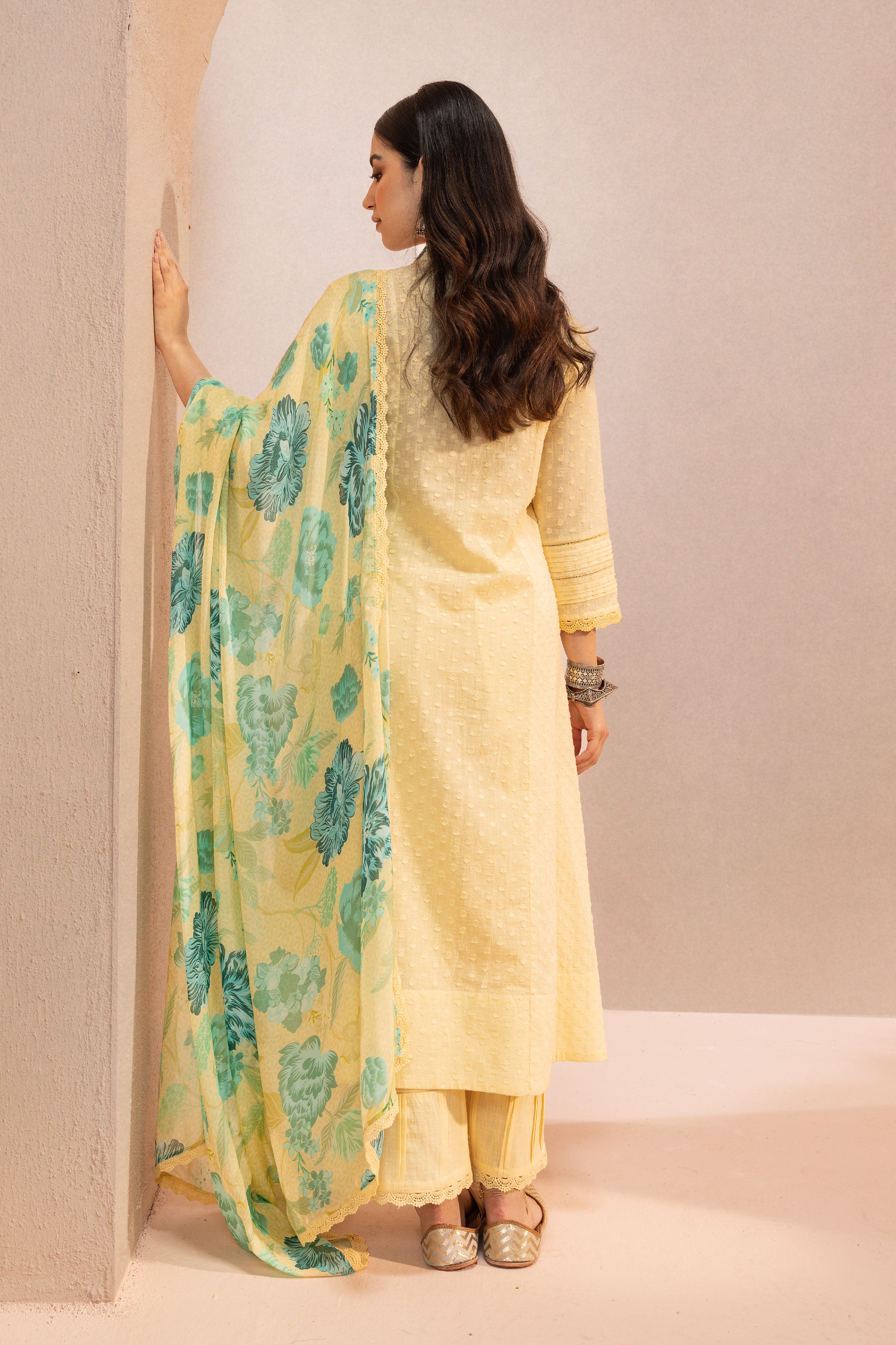 SUMANA YELLOW COTTON SLUB JACQUARD KURTA SET