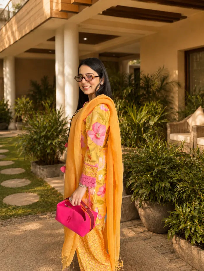 Tanya Narang In Vanya Yellow & Pink Cotton Printed Short Kurta Set with Farshi Salwar
