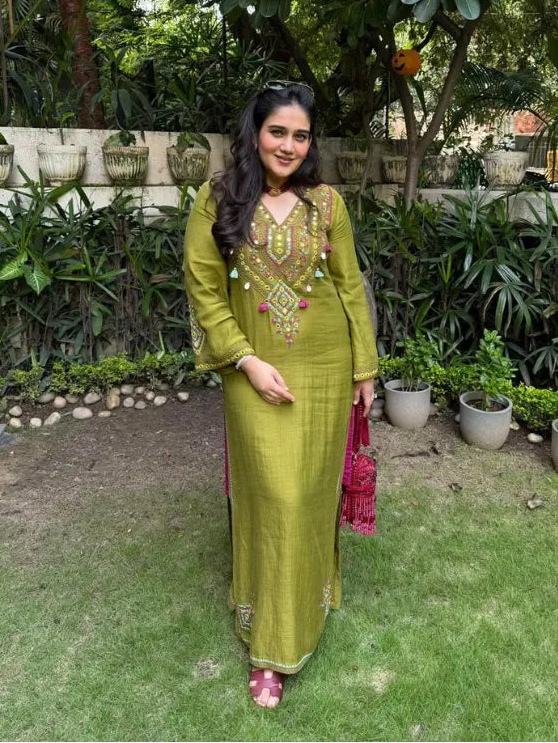 Zeva Olive Green Mirror Work Mul Chanderi Handcrafted Kaftan