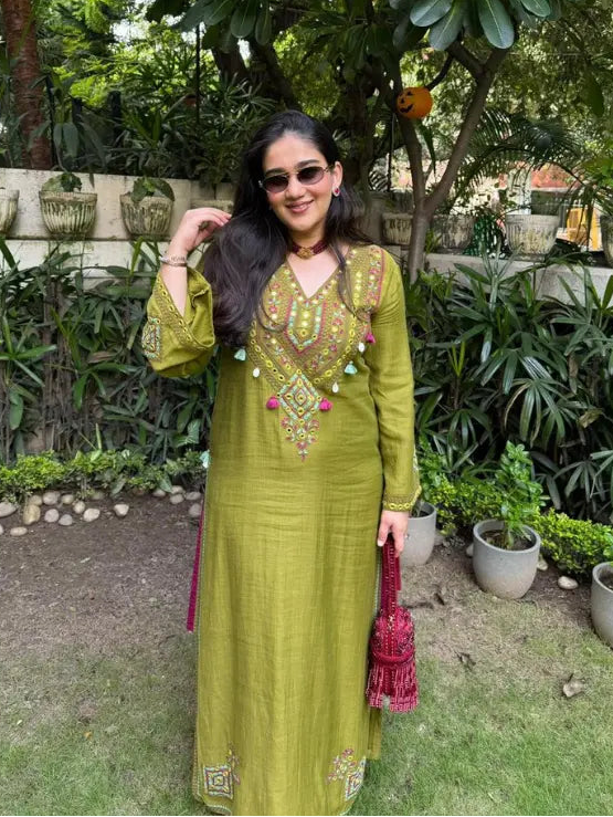 Zeva Olive Green Mirror Work Mul Chanderi Handcrafted Kaftan