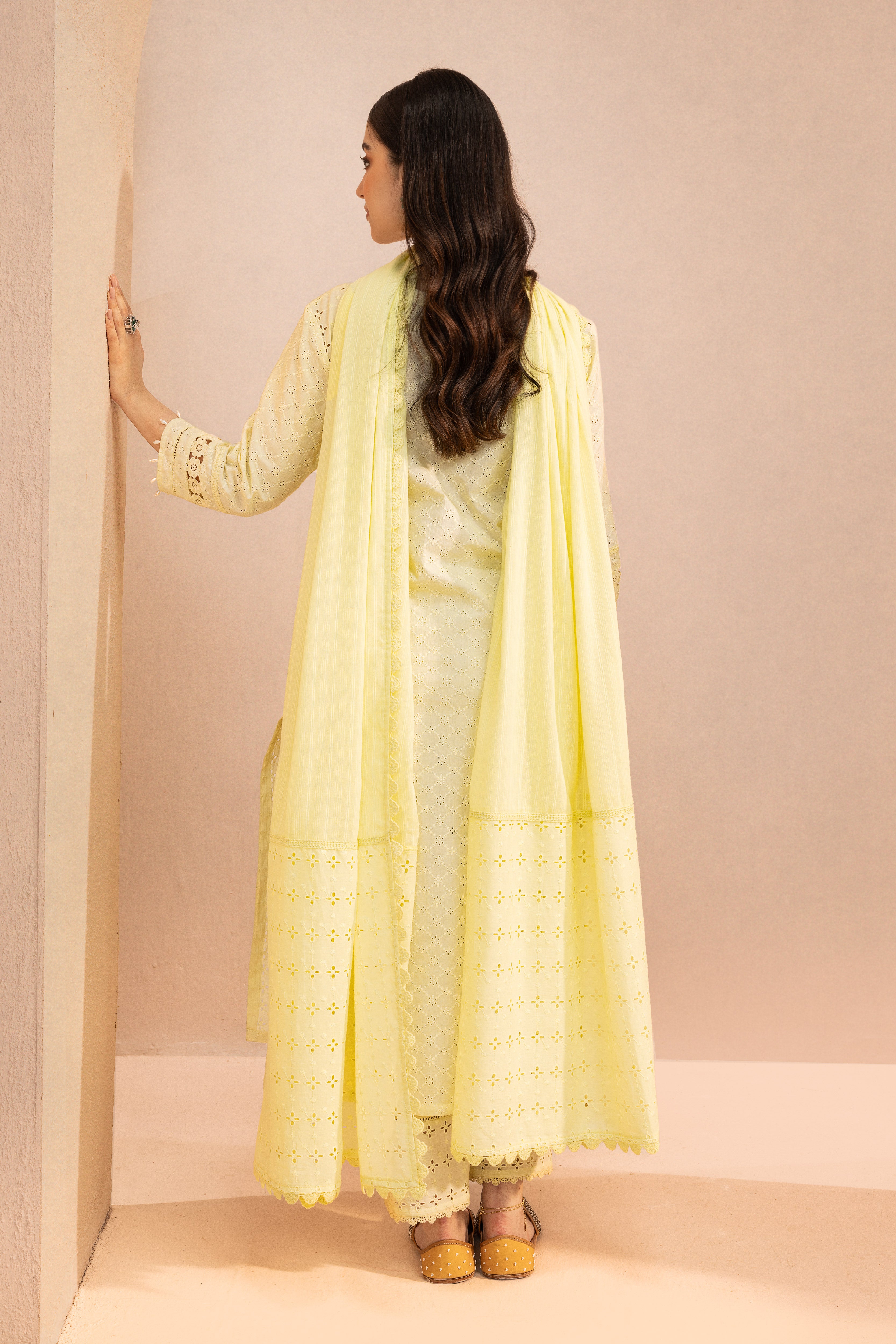 ZOYA YELLOW SCHIFFLI EMBROIDERED COTTON KURTA SET