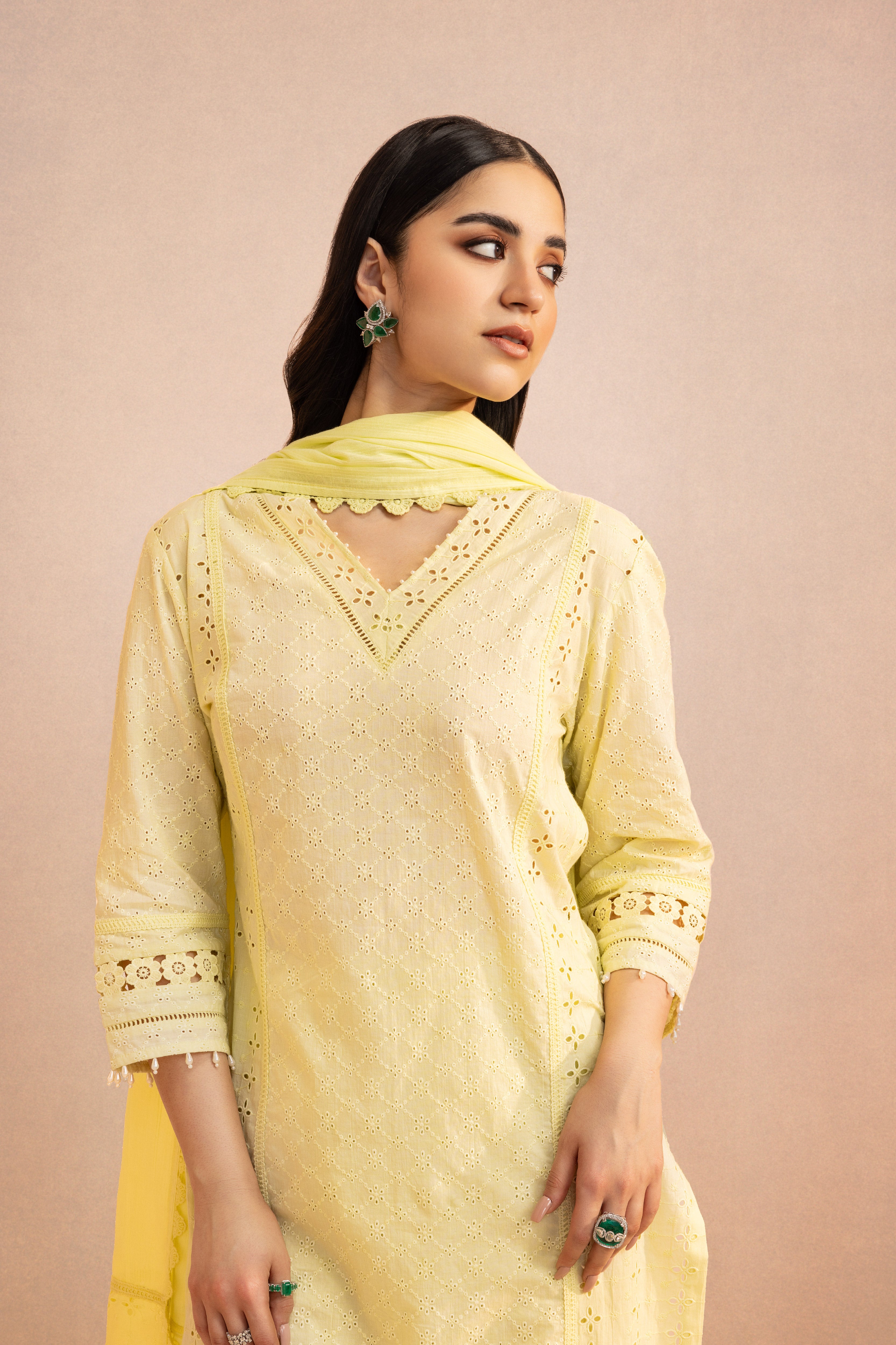 ZOYA YELLOW SCHIFFLI EMBROIDERED COTTON KURTA SET