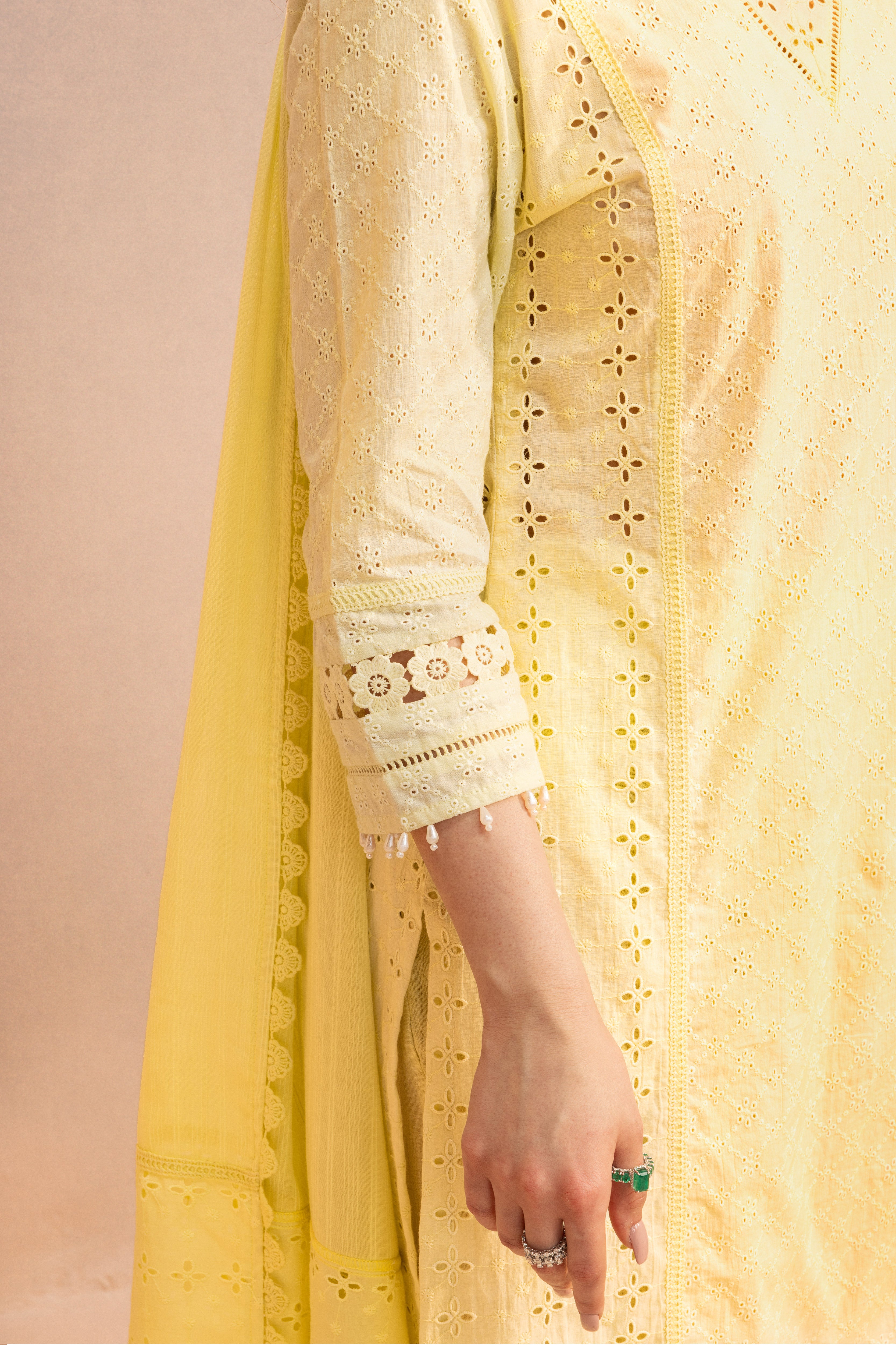 ZOYA YELLOW SCHIFFLI EMBROIDERED COTTON KURTA SET