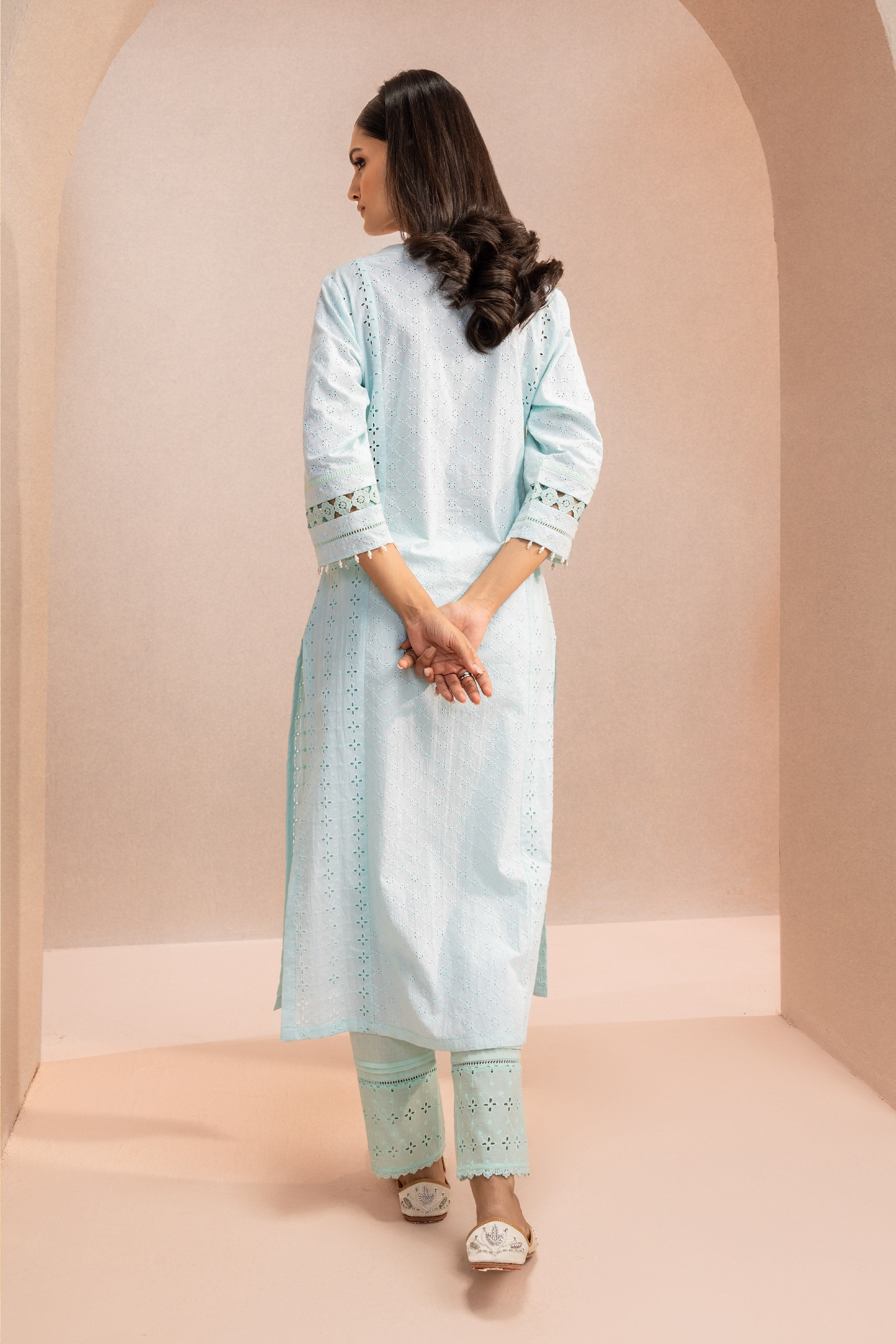 ZOYA BLUE SCHIFFLI EMBROIDERED COTTON KURTA SET