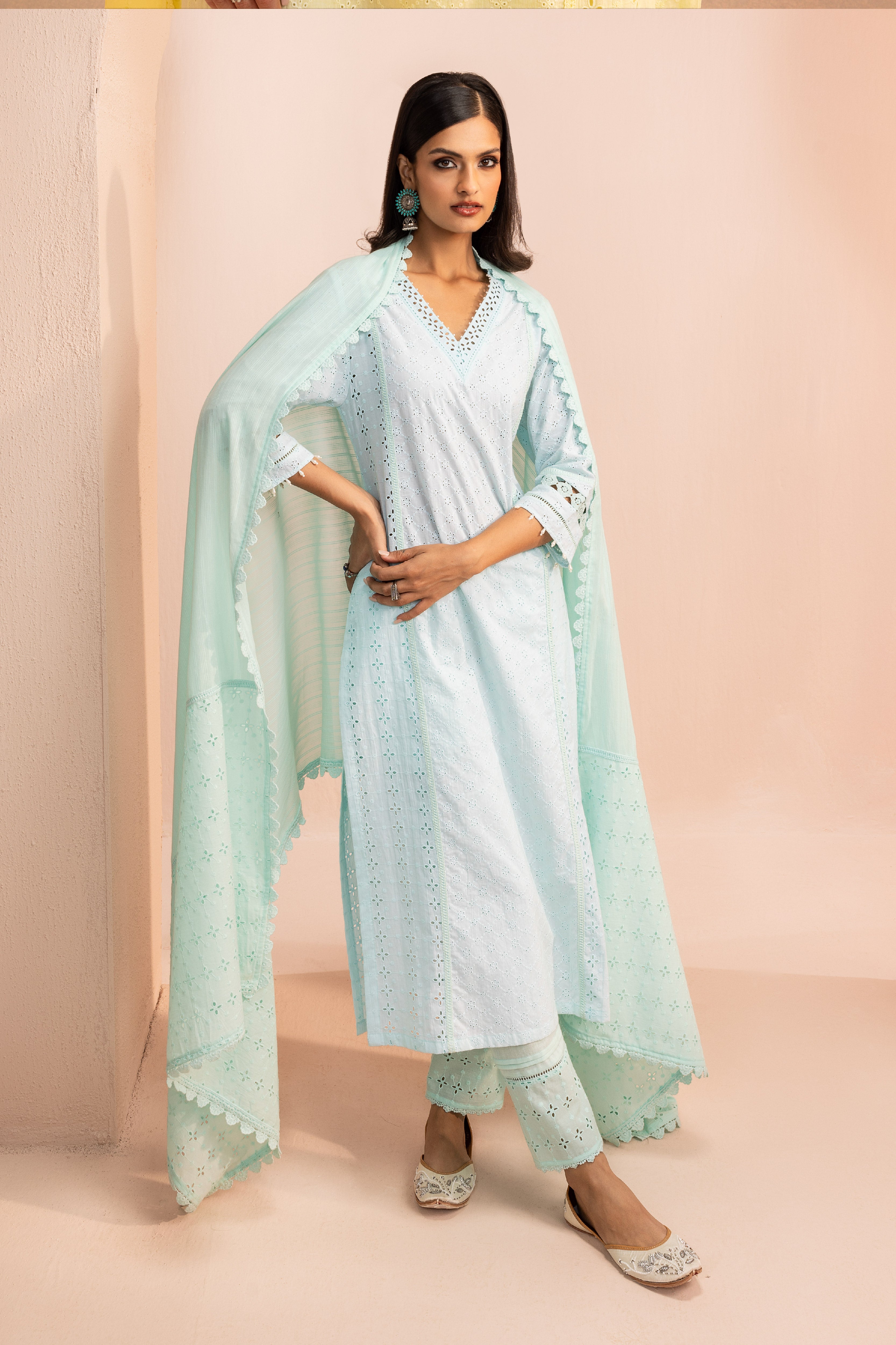 ZOYA BLUE SCHIFFLI EMBROIDERED COTTON KURTA SET