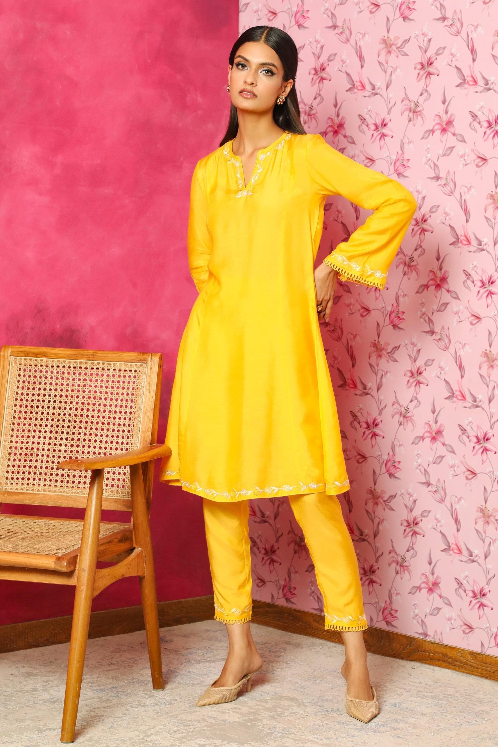 FARAH YELLOW SILK CHANDERI A-LINE SHORT KURTA SET