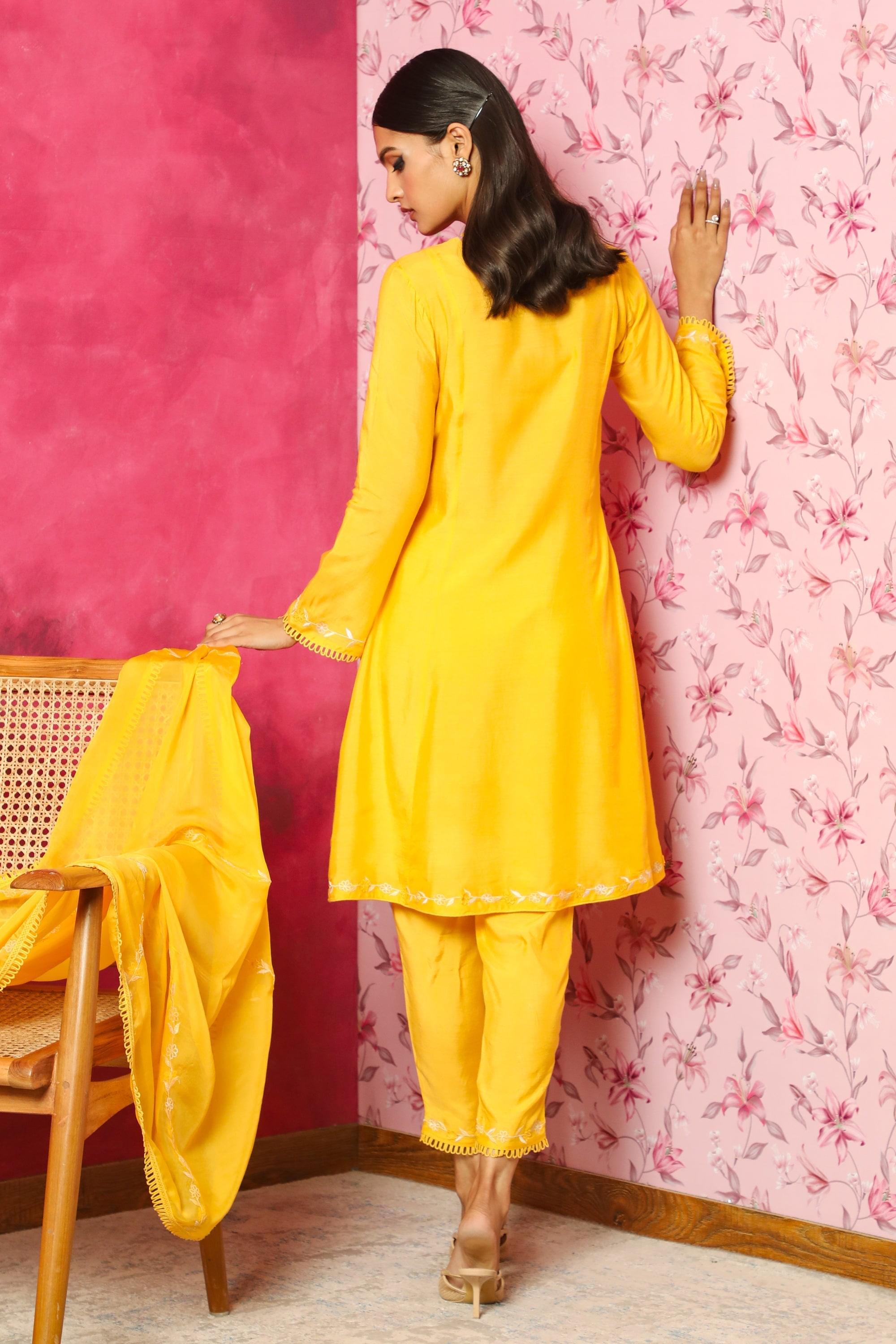 FARAH YELLOW SILK CHANDERI A-LINE SHORT KURTA SET