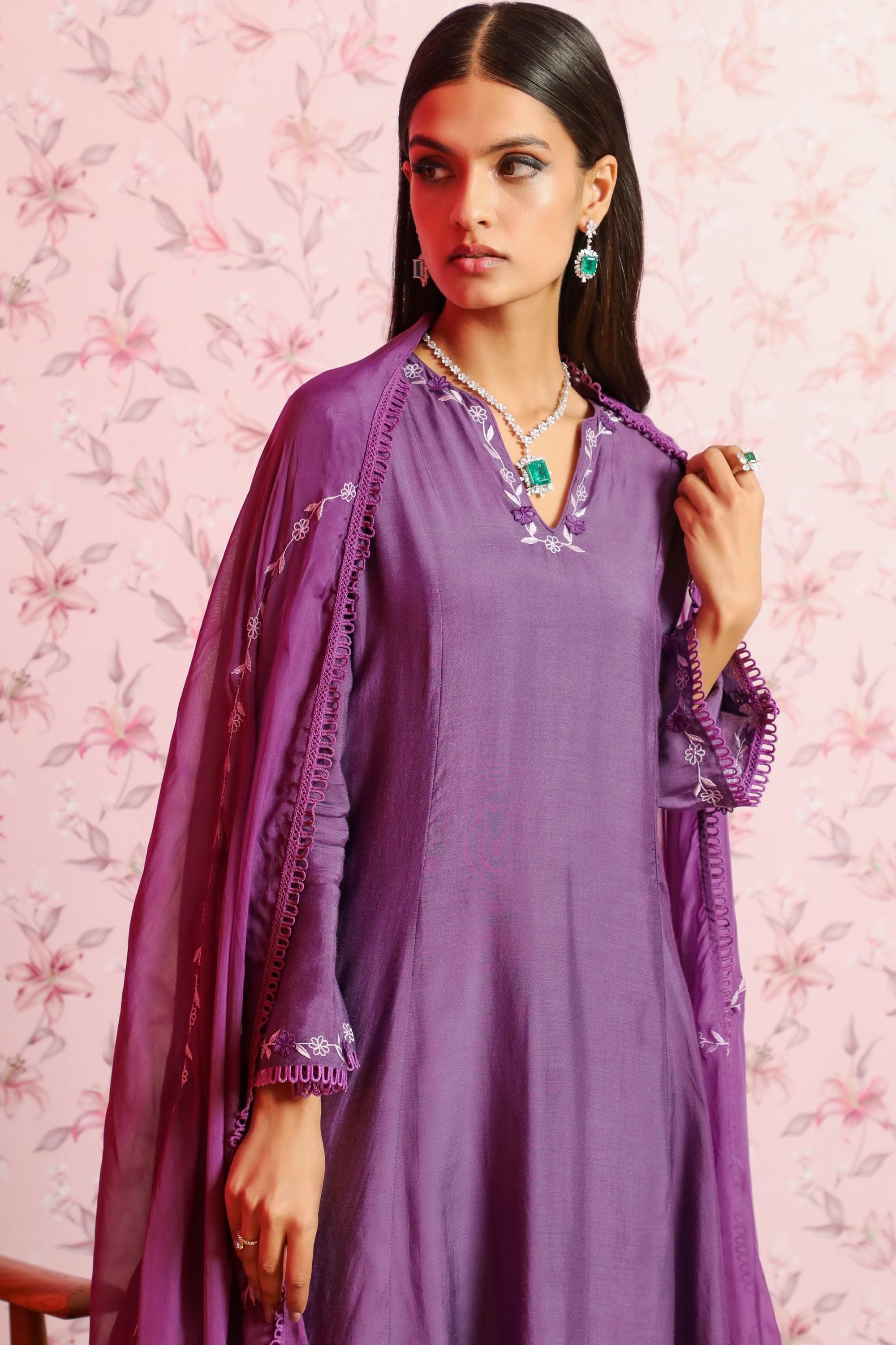 FIZA PURPLE SILK CHANDERI A-LINE SHORT KURTA SET