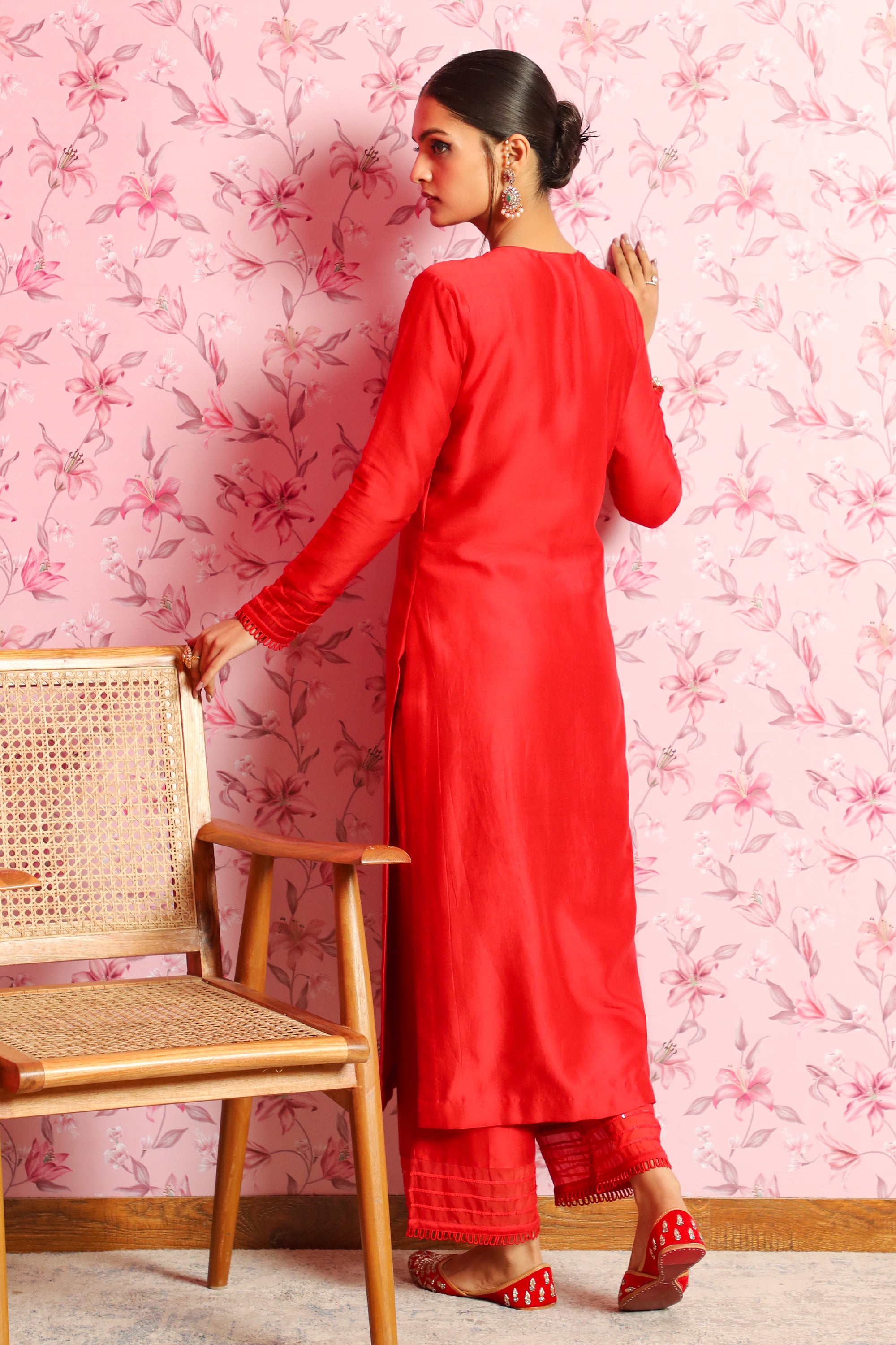 SANAH RED SILK CHANDERI KURTA SET