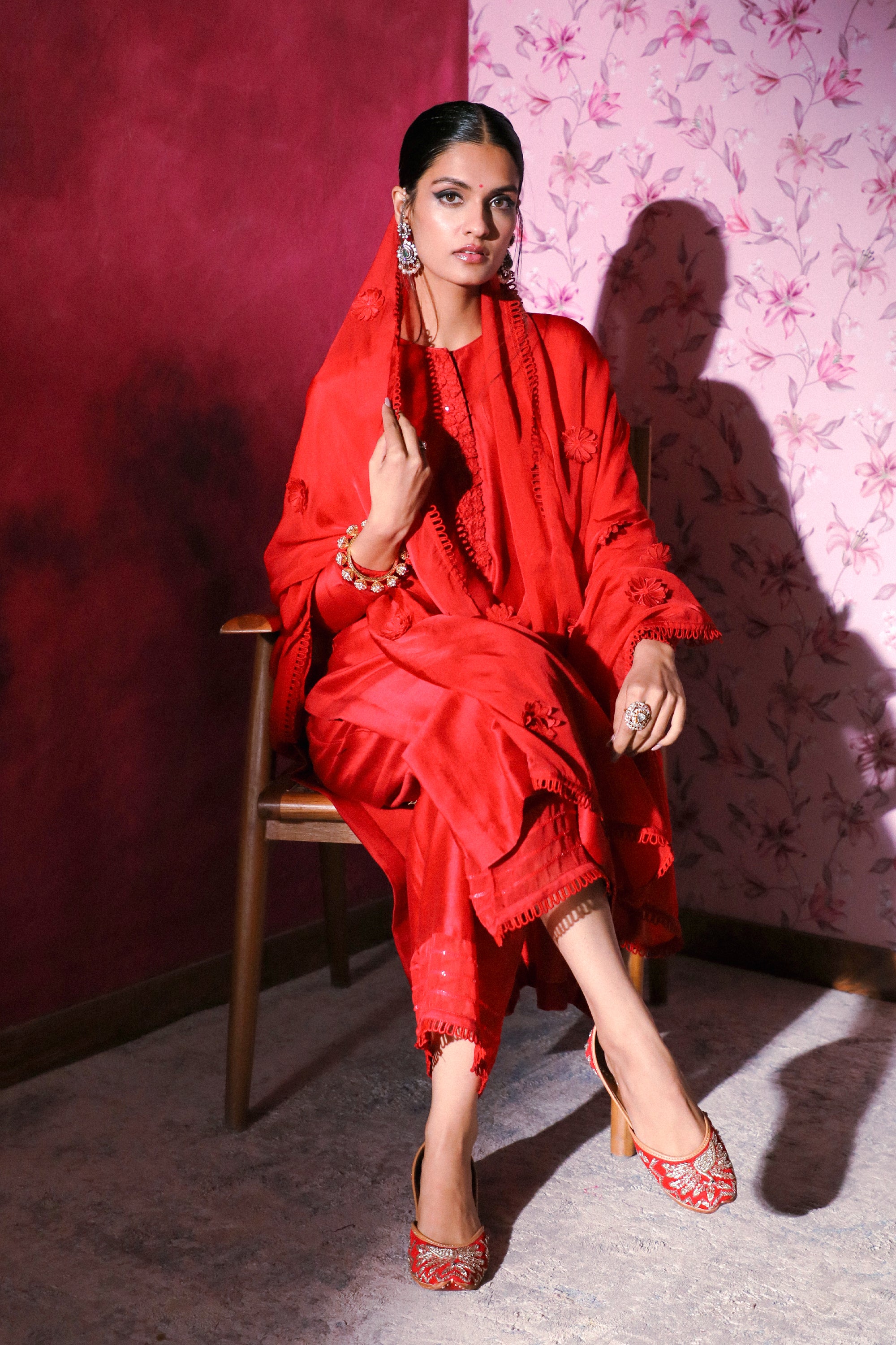 SANAH RED SILK CHANDERI KURTA SET