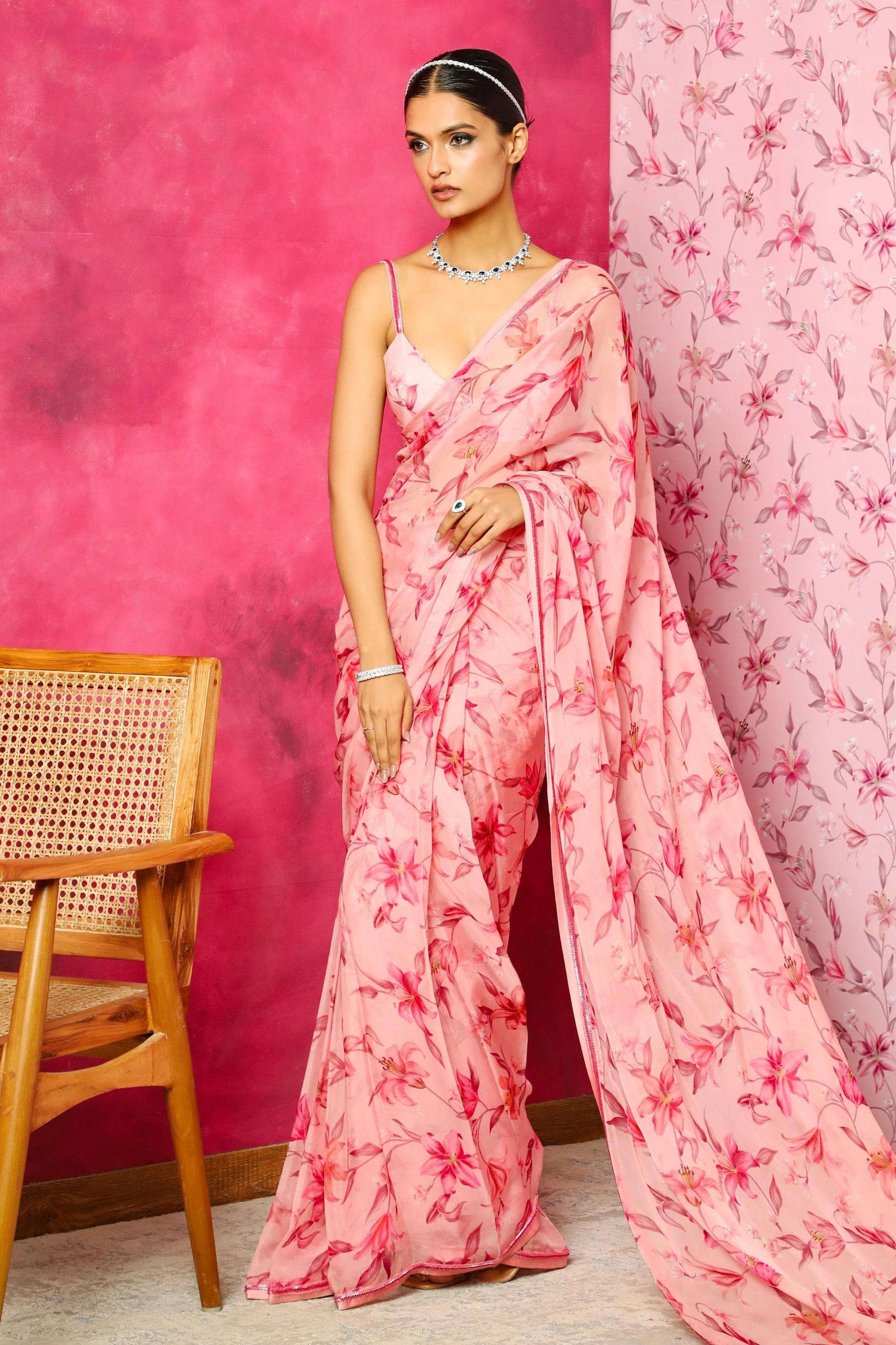 ALIYA PINK FLORAL PRINTED ORGANZA SAREE