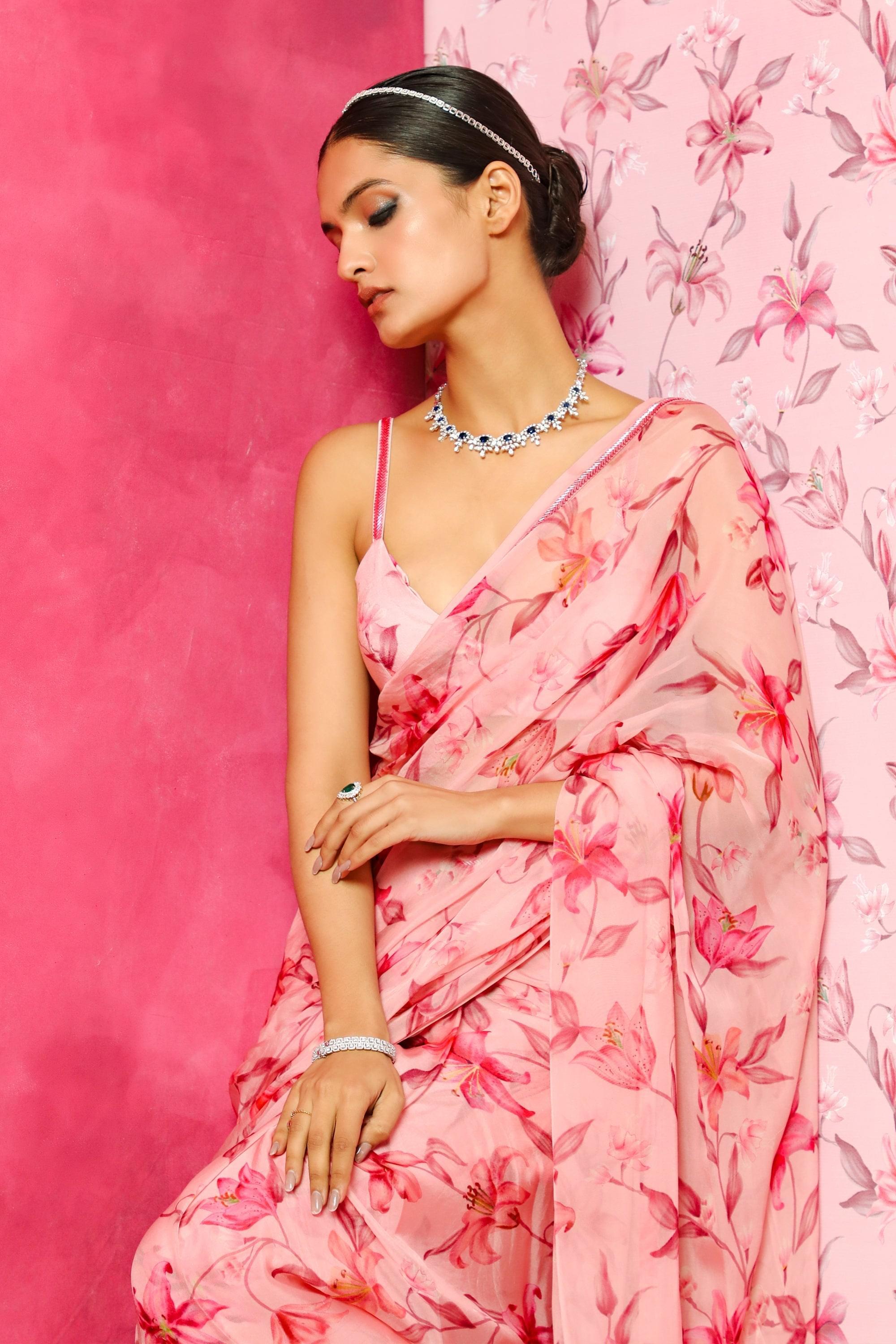 ALIYA PINK FLORAL PRINTED ORGANZA SAREE