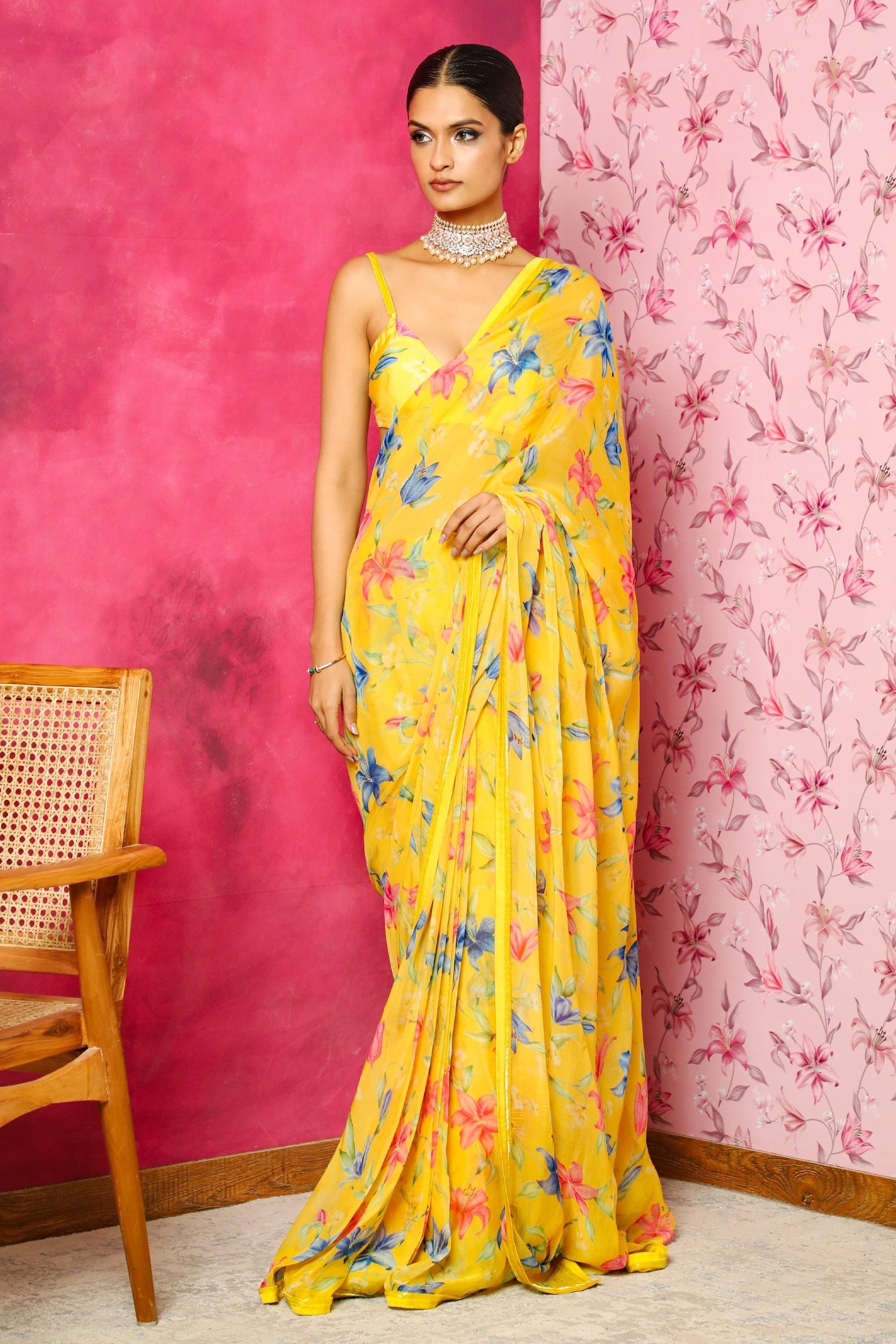 AISHA YELLOW FLORAL PRINTED ORGANZA SAREE