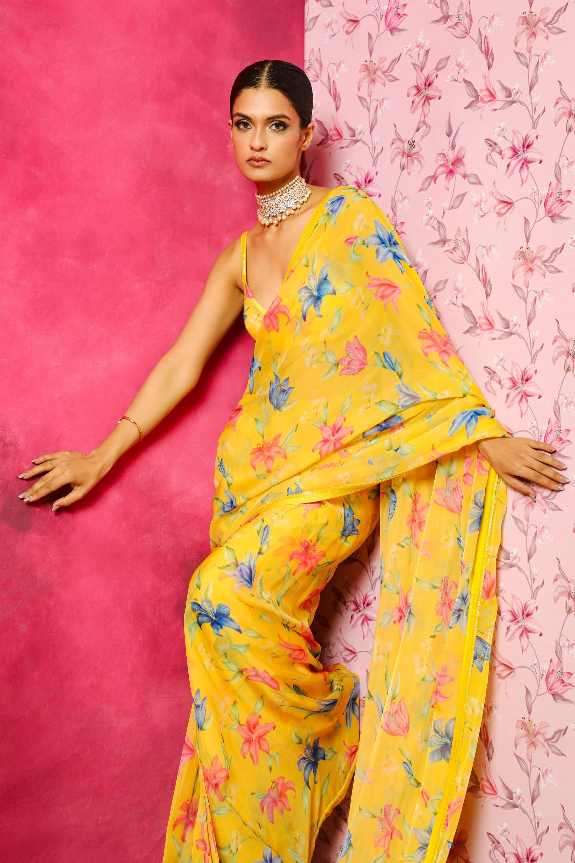 AISHA YELLOW FLORAL PRINTED ORGANZA SAREE