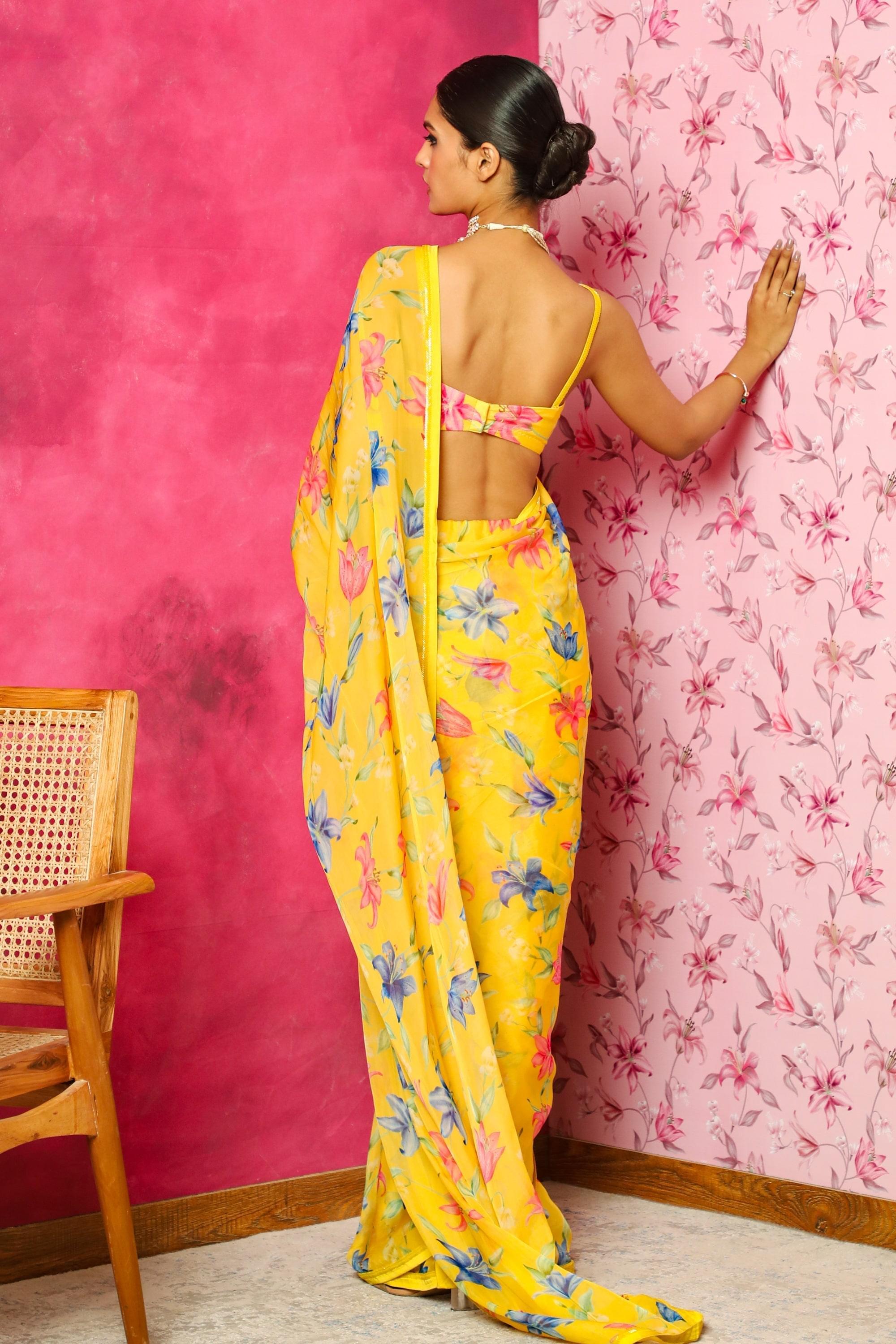 AISHA YELLOW FLORAL PRINTED ORGANZA SAREE