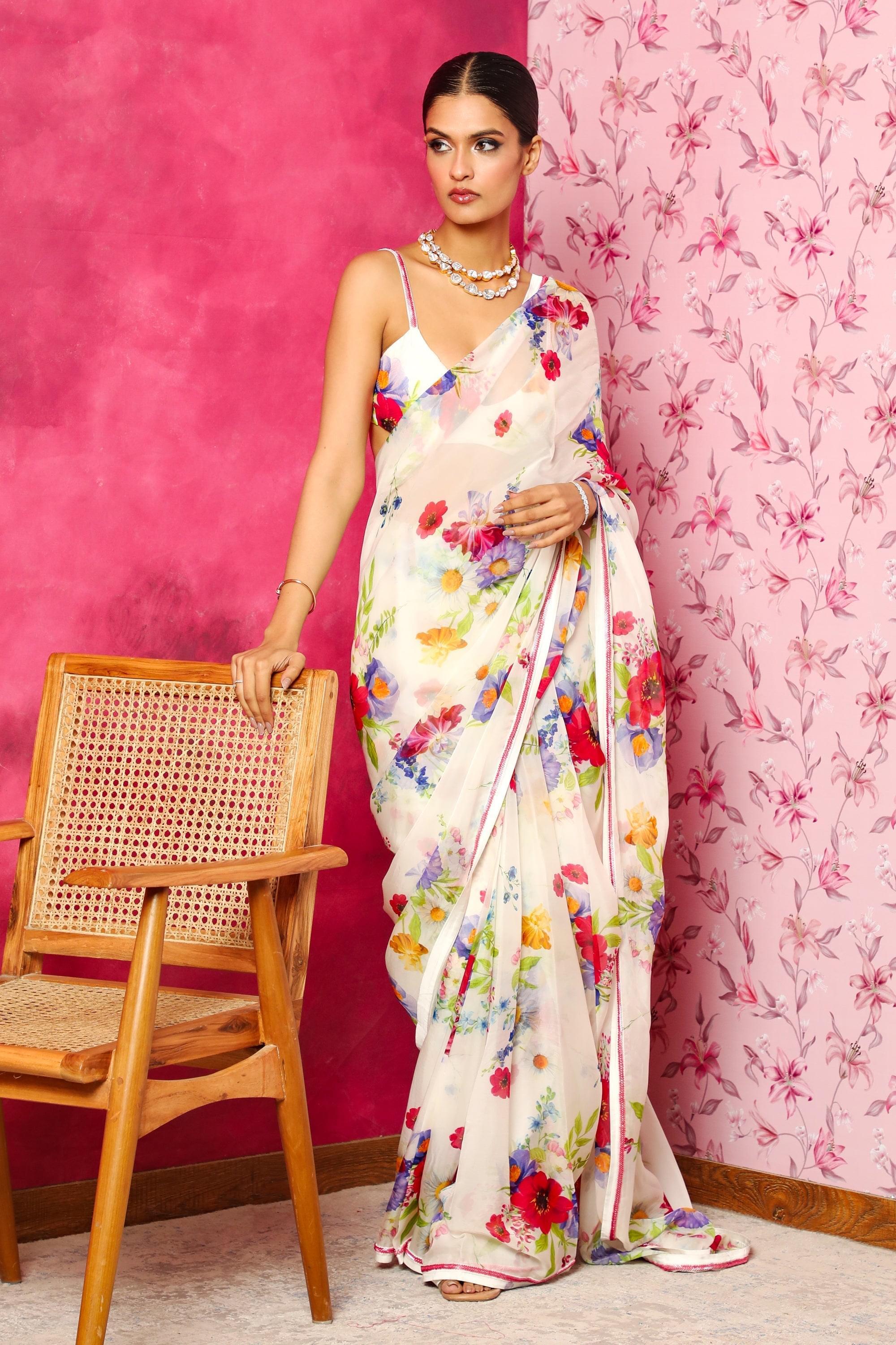 ARZOO WHITE FLORAL PRINTED ORGANZA SAREE