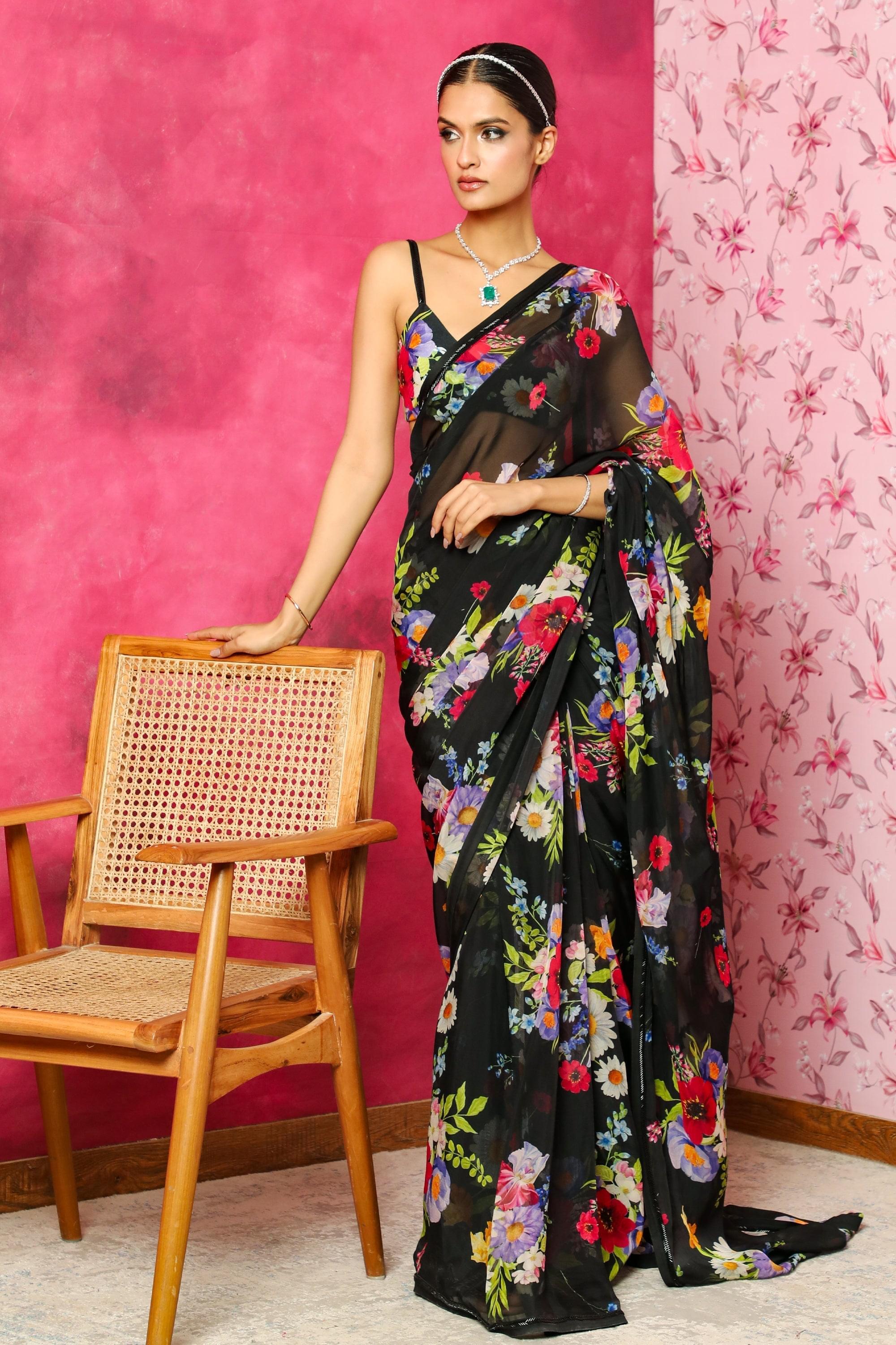 AREEBA BLACK FLORAL PRINTED ORGANZA SAREE