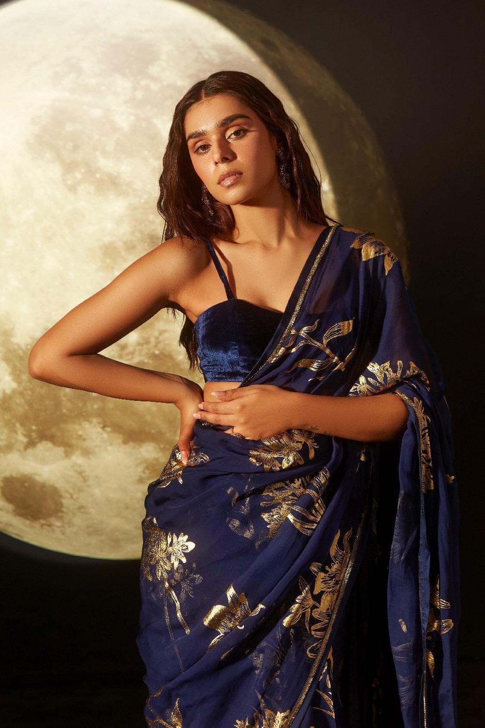 AAYAT DEEP BLUE FLORAL FOIL PRINTED ORGANZA SAREE