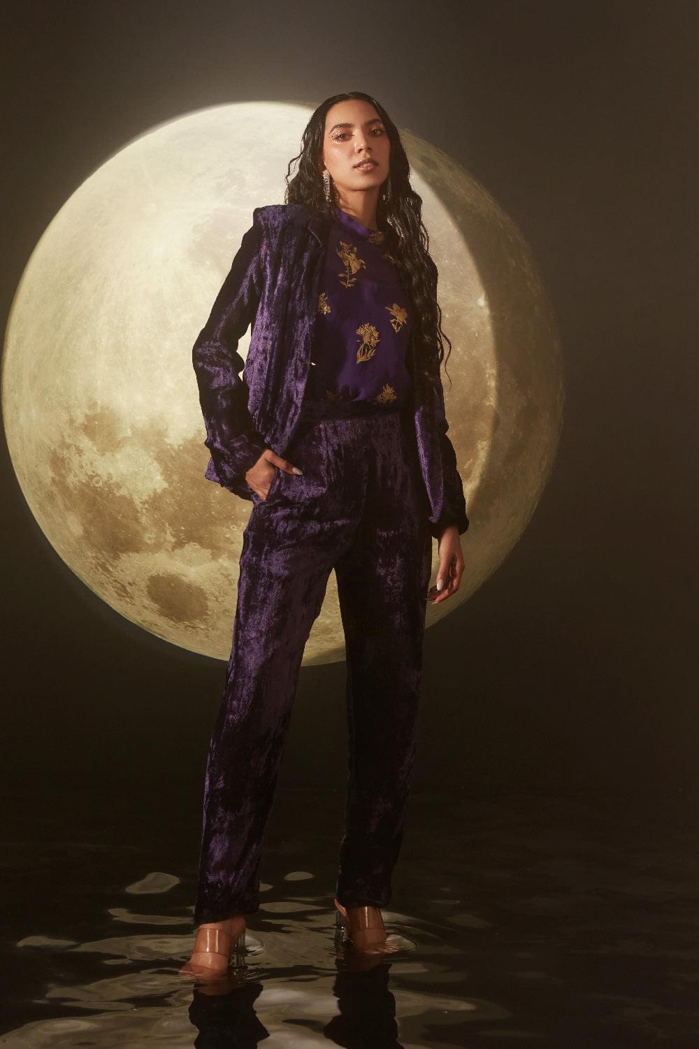 BLAKE PURPLE VELVET JACKET COORD SET WITH FOIL PRINTED ORGANZA SHIRT