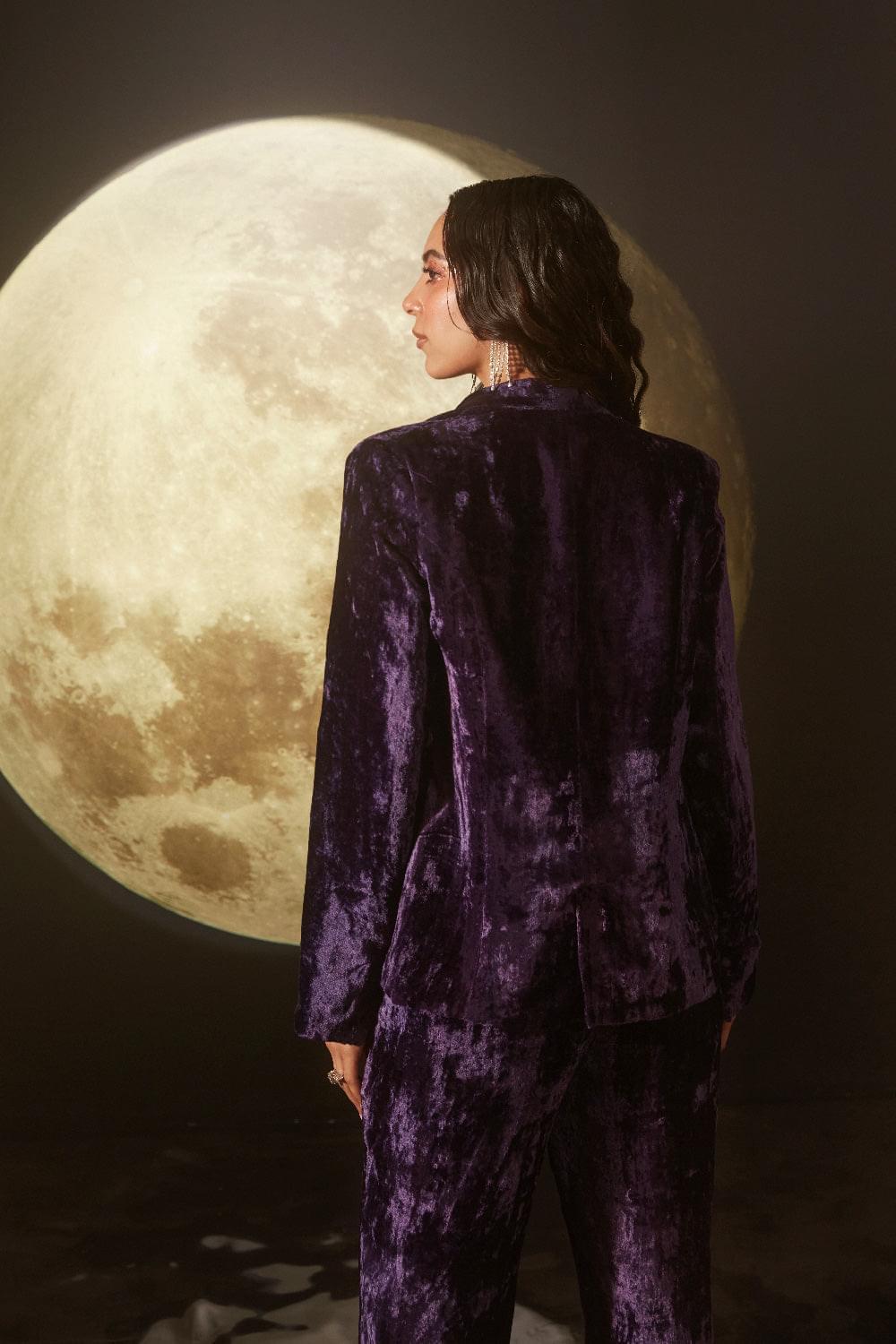 BLAKE PURPLE VELVET JACKET COORD SET WITH FOIL PRINTED ORGANZA SHIRT