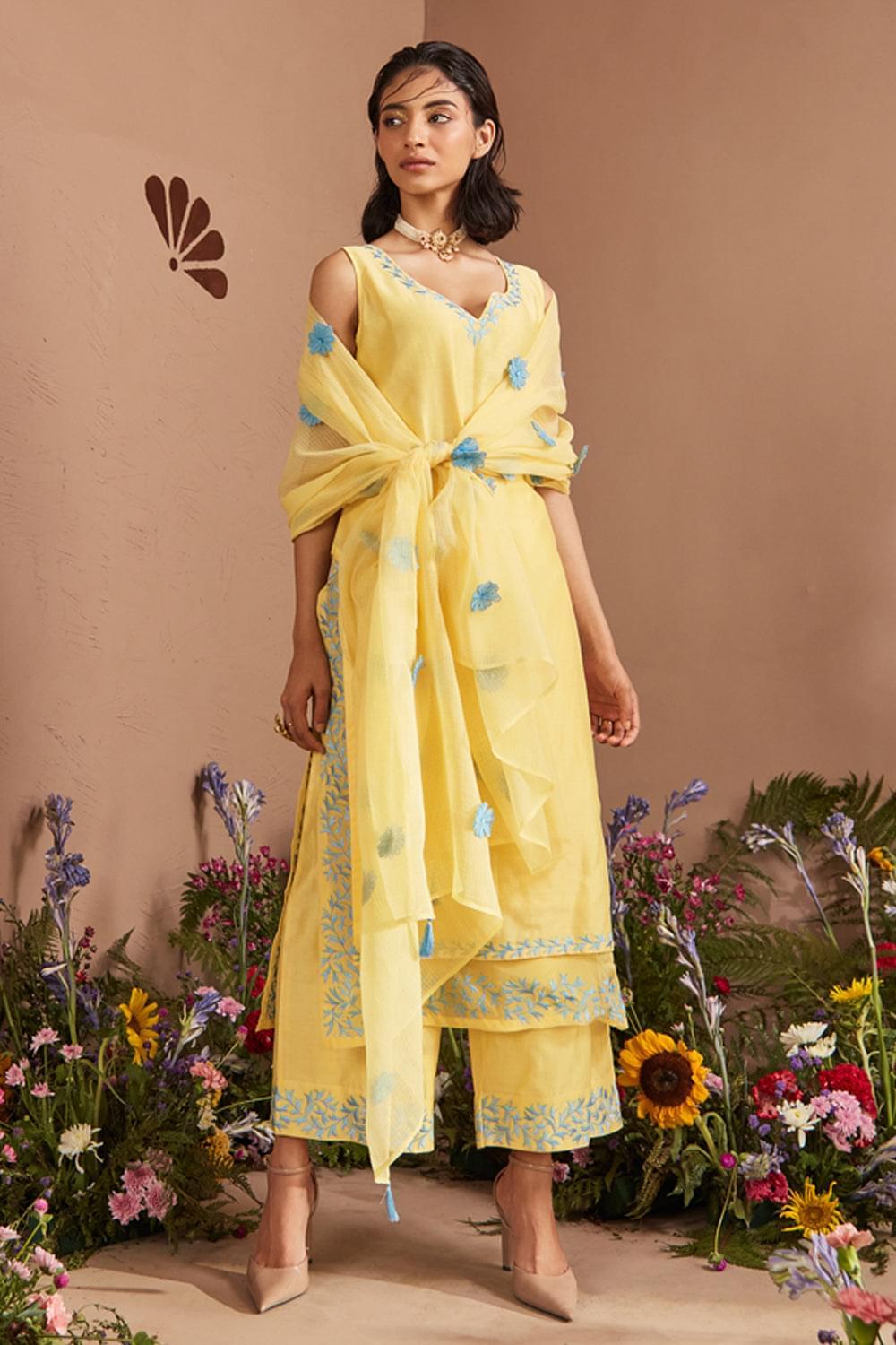 DUA LIGHT YELLOW SILK CHANDERI KURTA SET