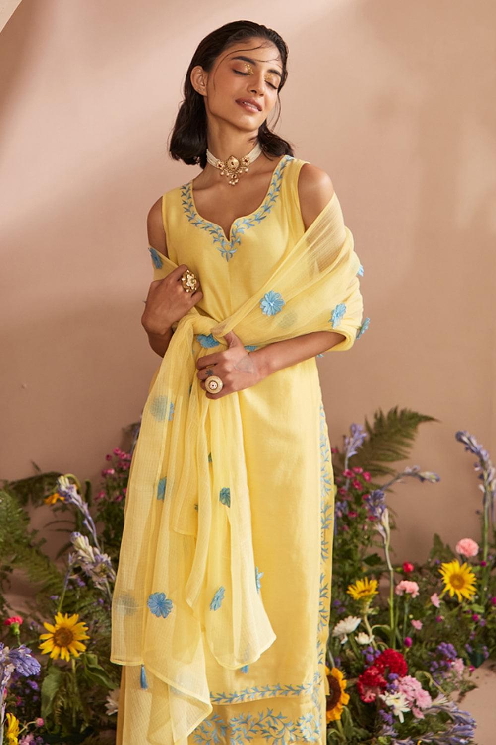 DUA LIGHT YELLOW SILK CHANDERI KURTA SET